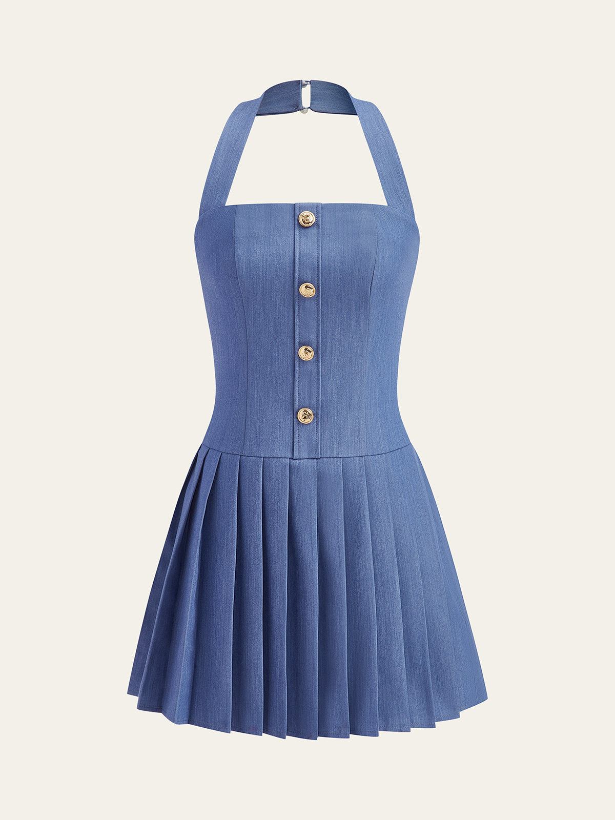 Robe plissée à col montant et bouton métallique