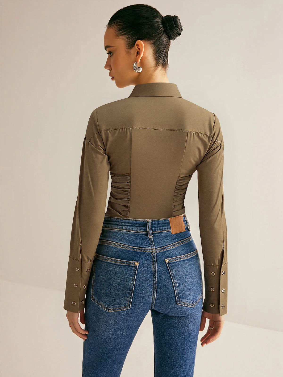 Cotton Blend Ruched Long Sleeve Shirt