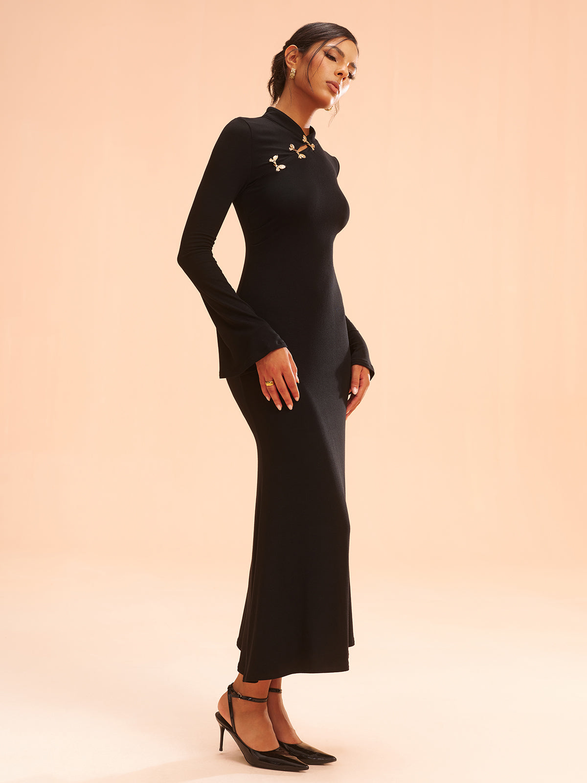 Metal Bow Detail Stand Collar Maxi Dress