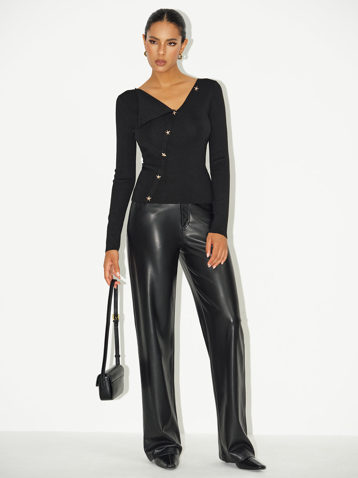 Asymmetric Star-Button Knit Top