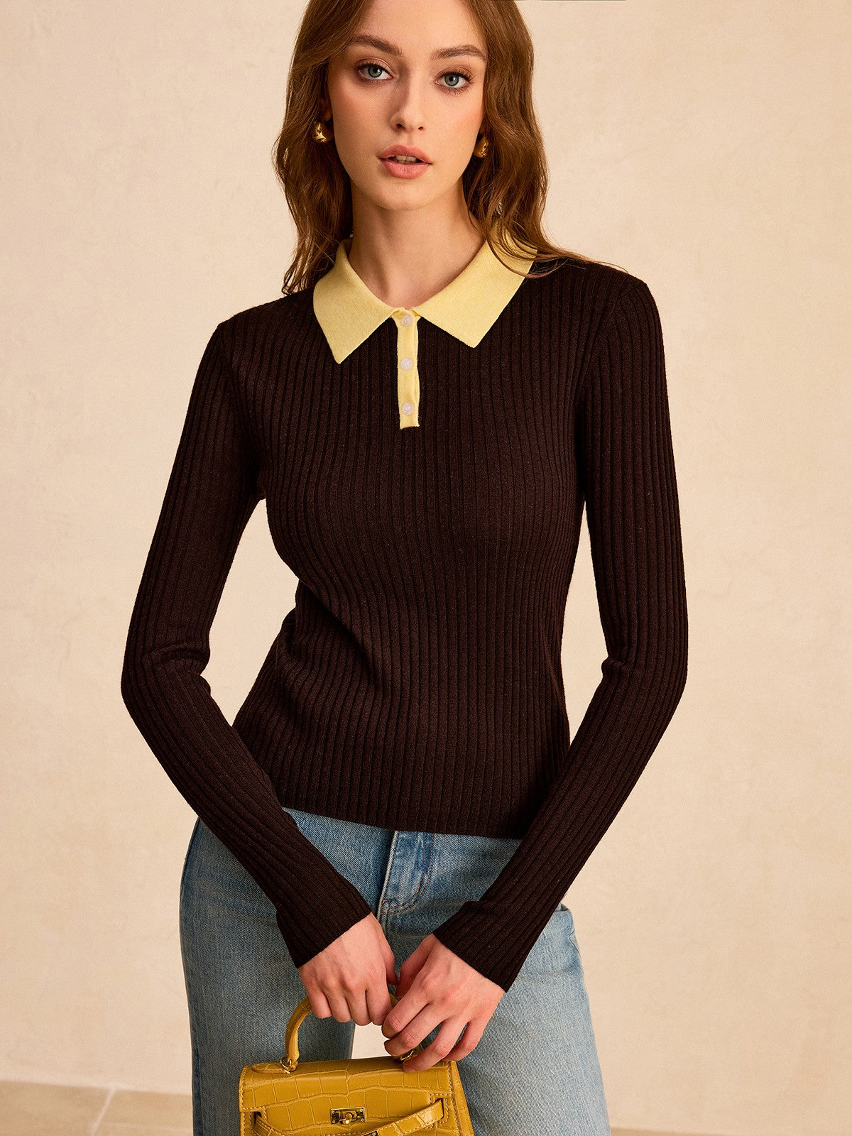 Polo-Strickpullover aus Wollmischung mit Kontrastkragen