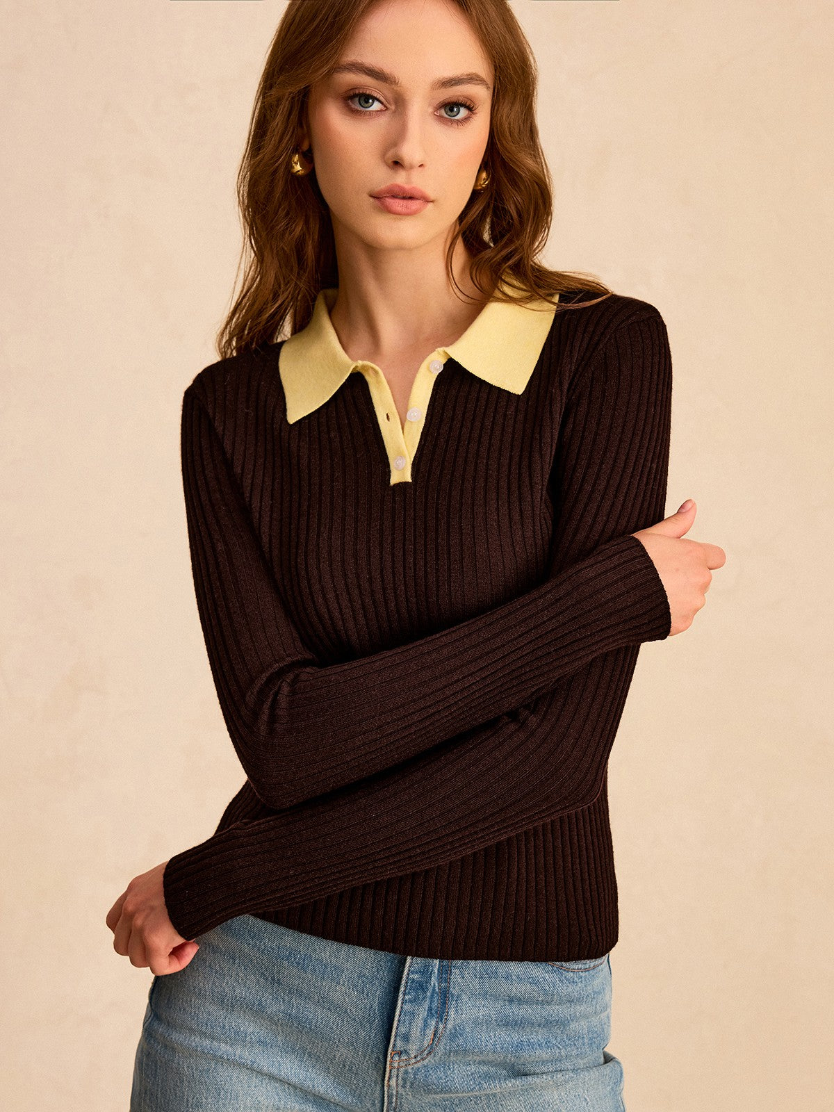 Contrast Collar Wool Blend Polo Knit Top