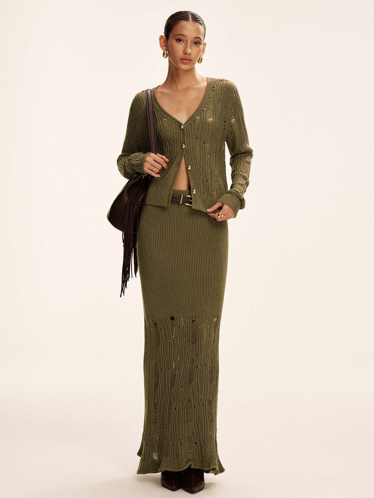 Metal Button Openwork Knit Skirt Set