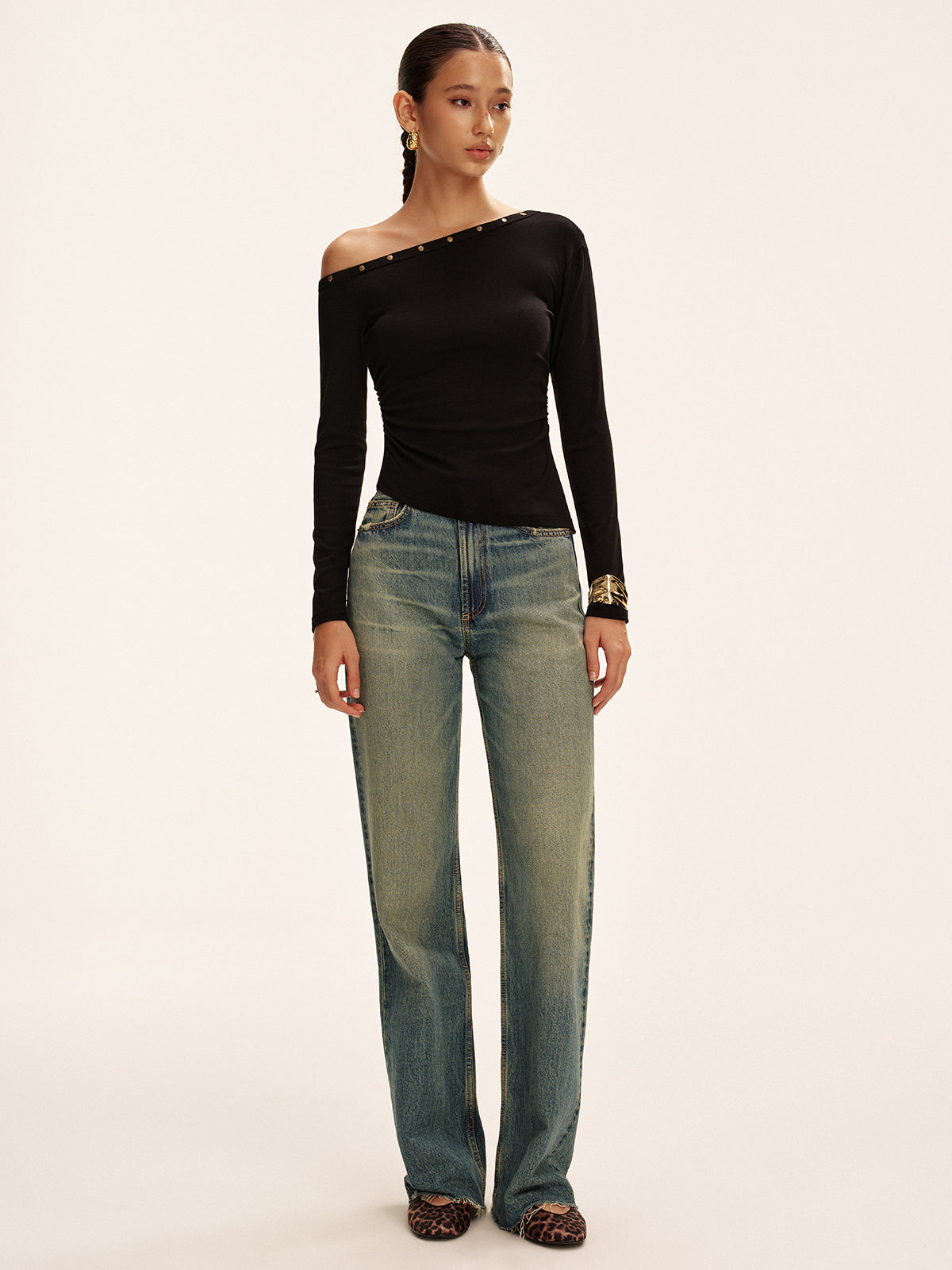 Studded Off Shoulder Long Sleeve T-Shirt