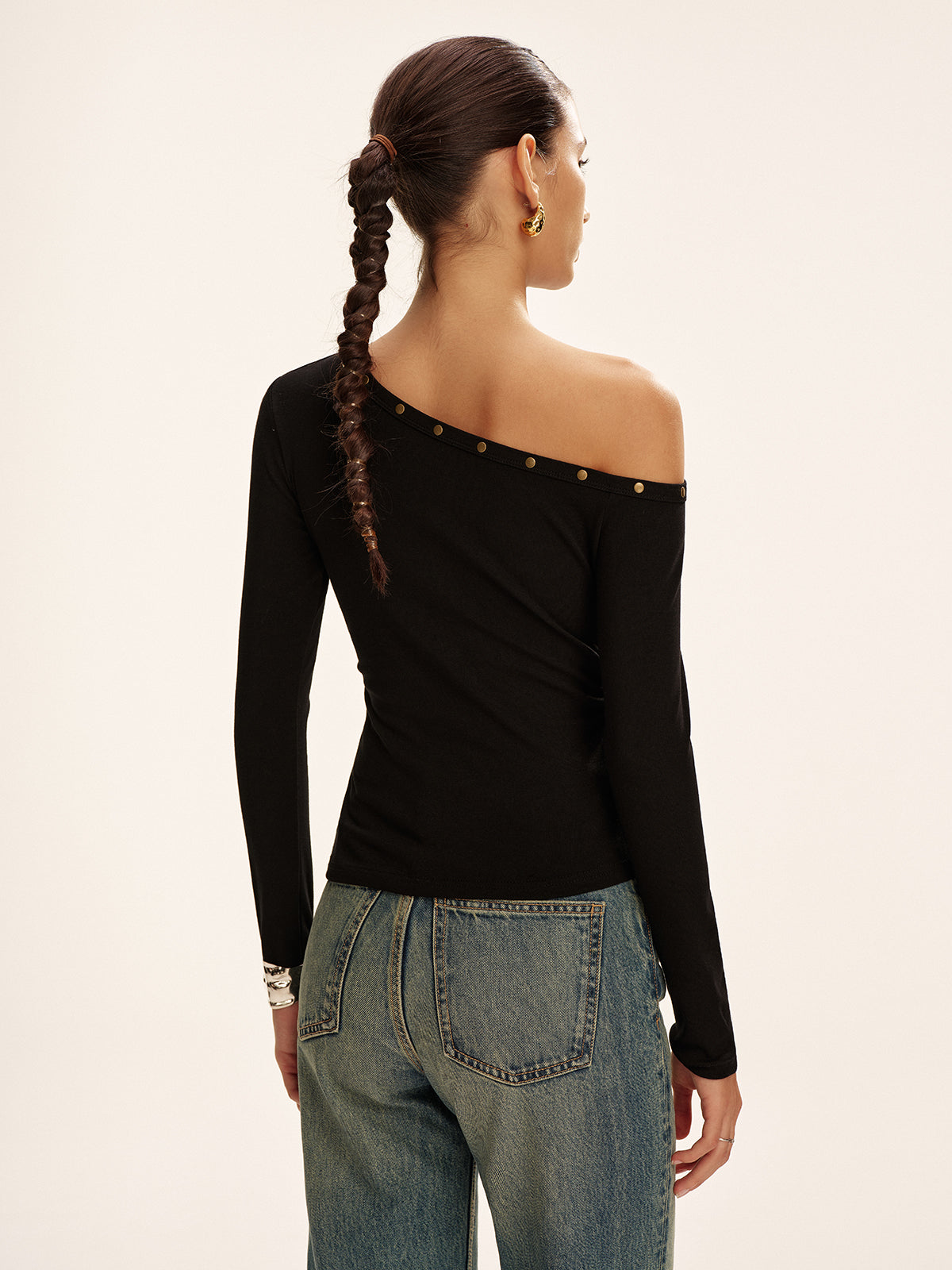 Studded Off Shoulder Long Sleeve T-Shirt