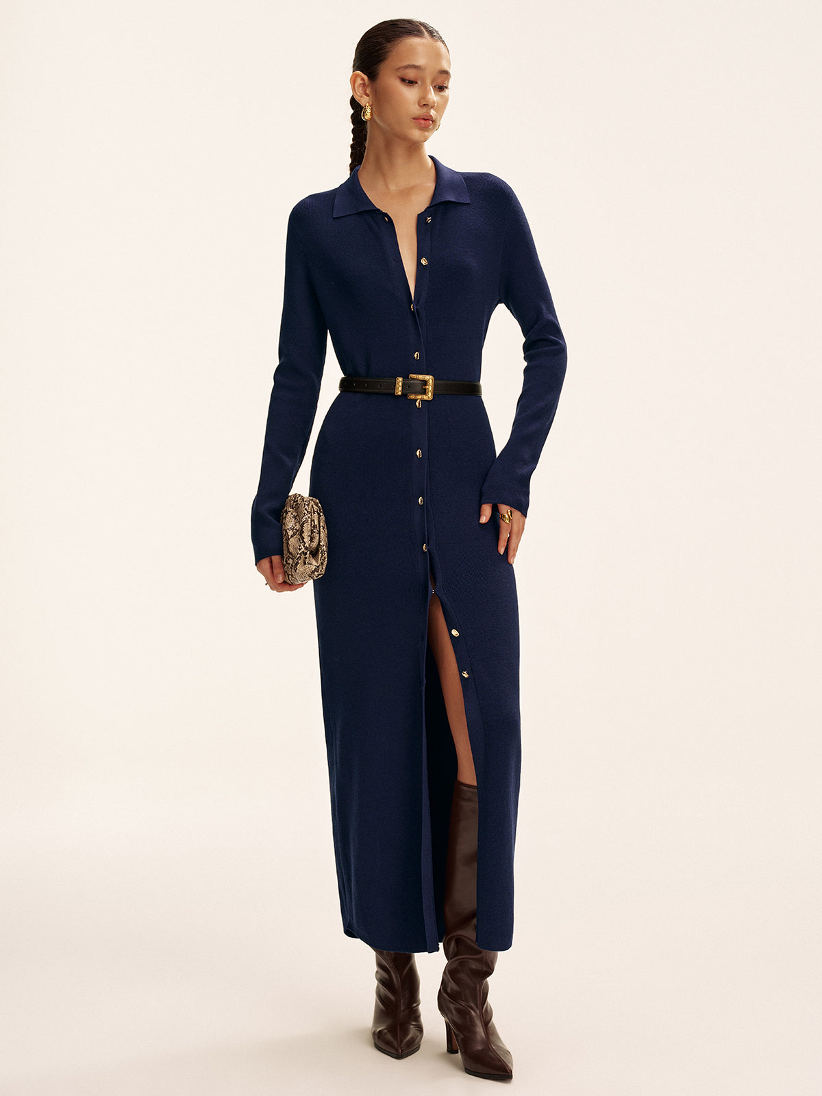Langärmliges Strick-Maxikleid mit Knöpfen ohne Gürtel