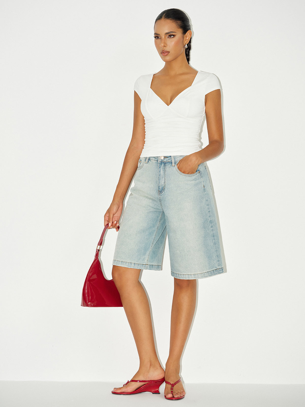 Ruched V-Neck Cap Sleeve T-Shirt