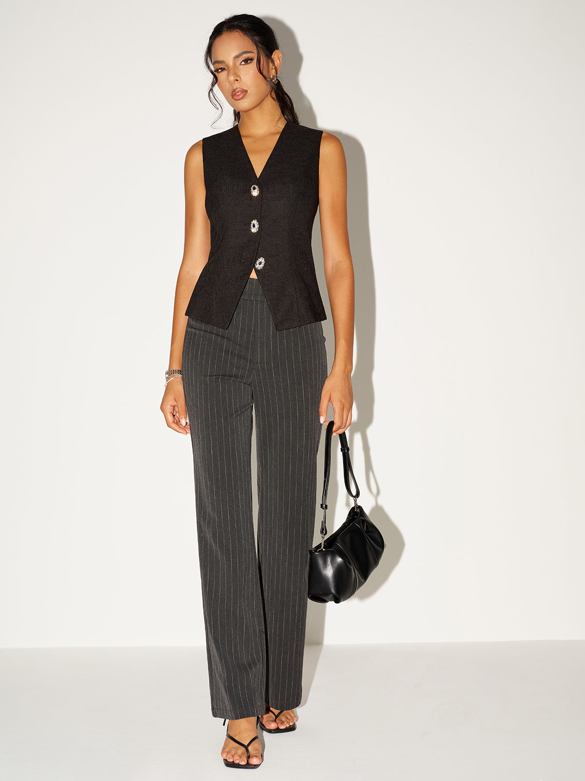 Tweed V-Neck Buttoned Fitted Vest