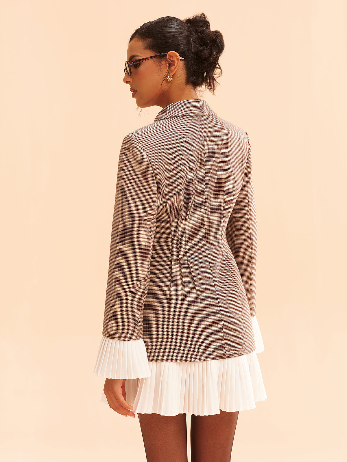 Pleated Hem Panel Houndstooth Blazer Dress