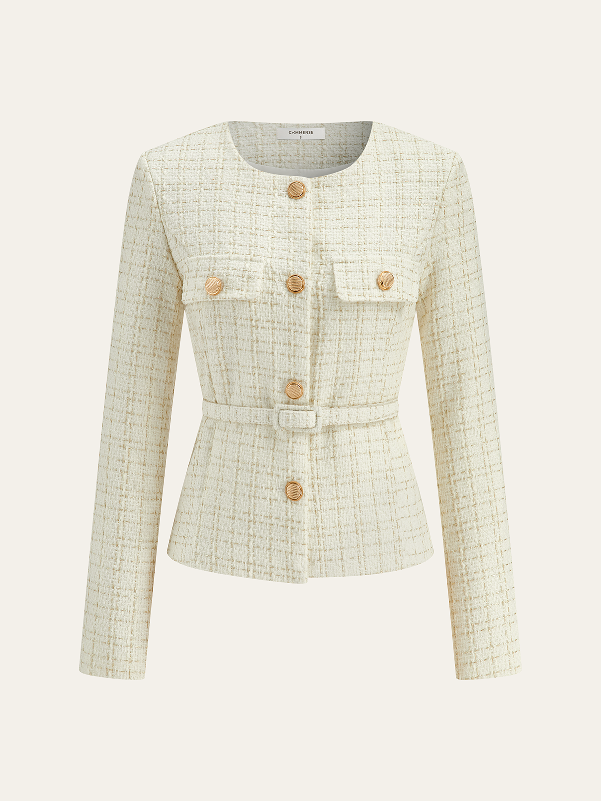 Metal Button Tweed Belted Blazer