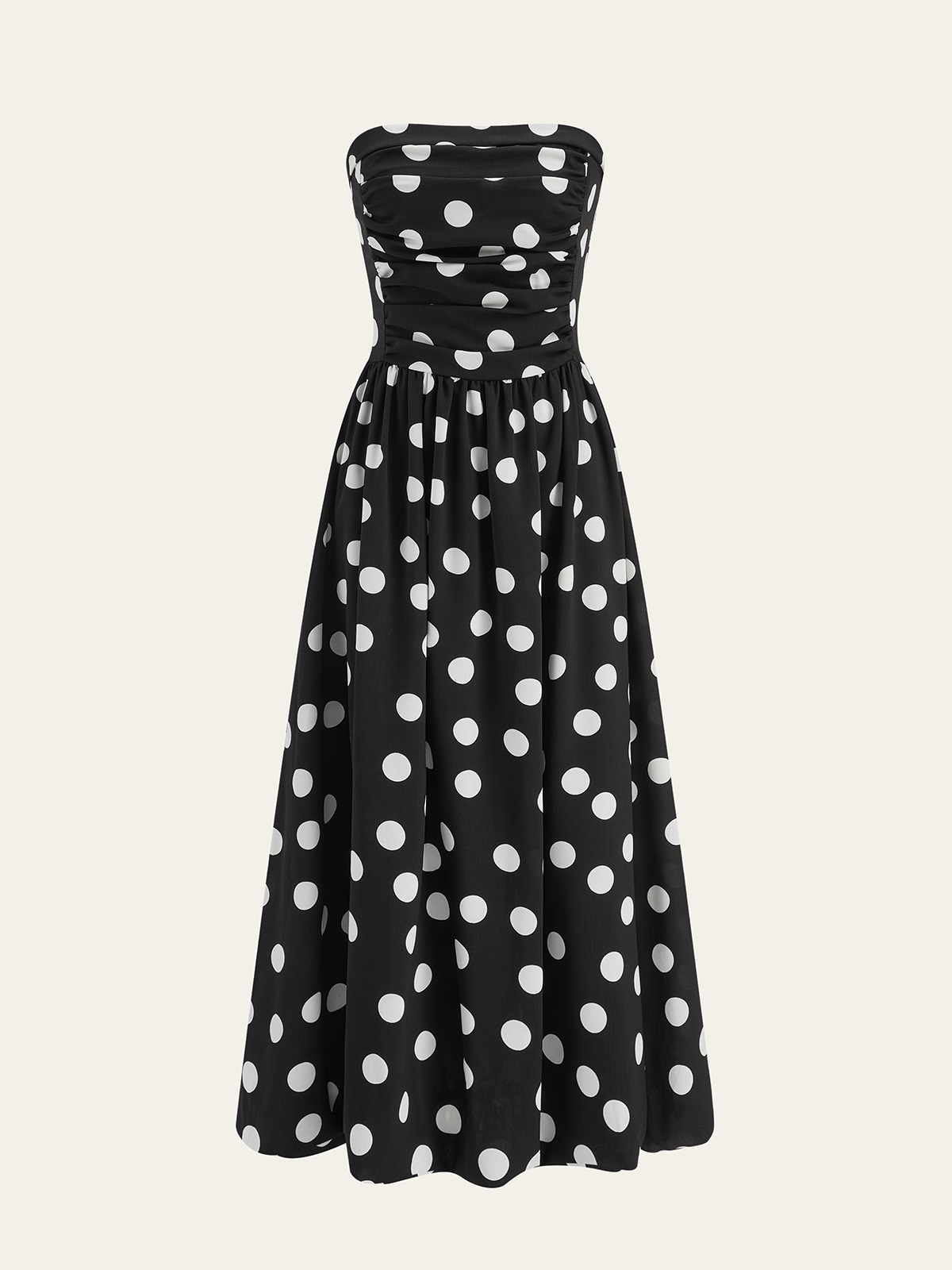 Strapless Polka Dot Ruched Maxi Dress