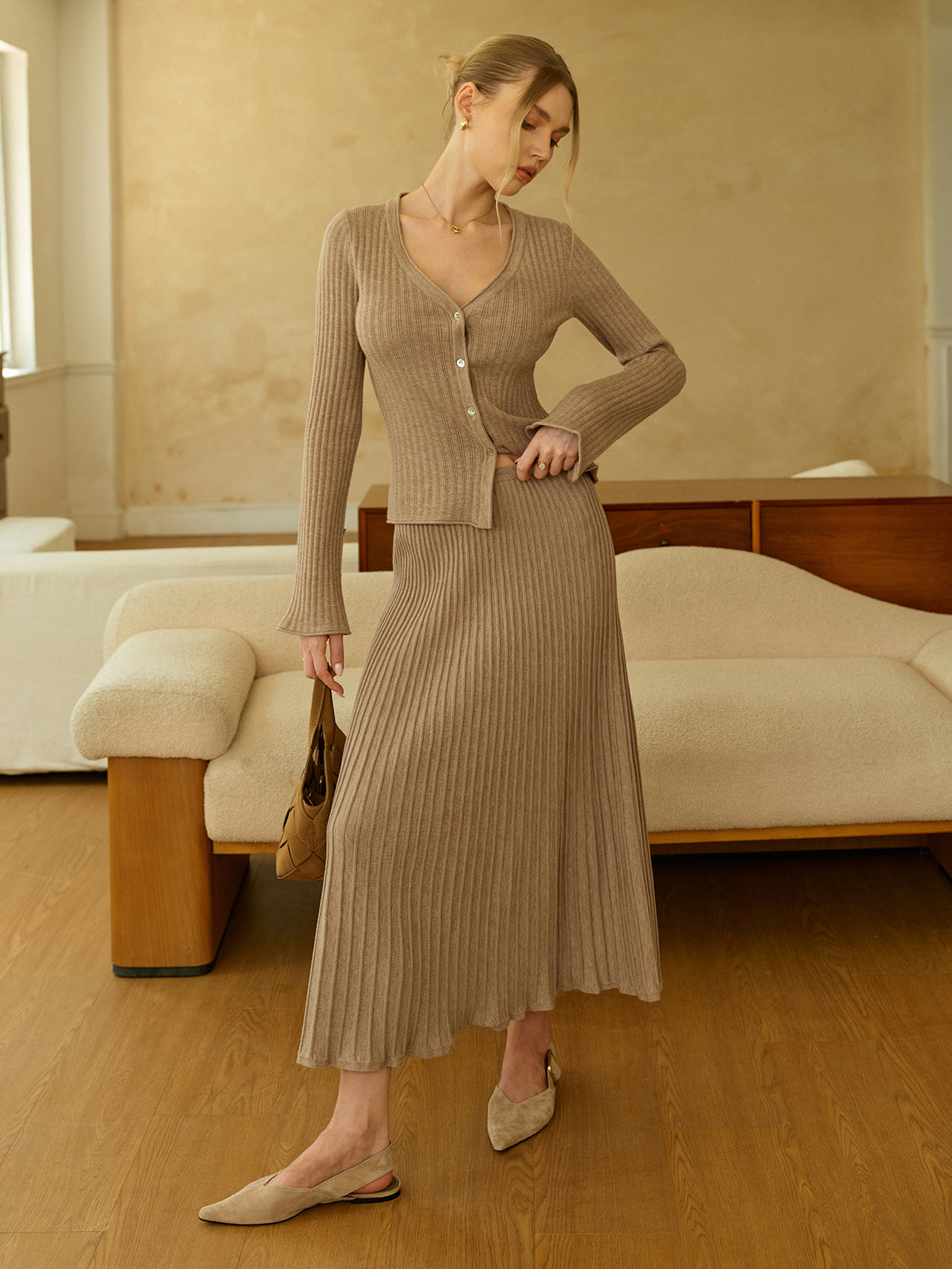 Textured Knit Cardigan and Midi Skirt Set