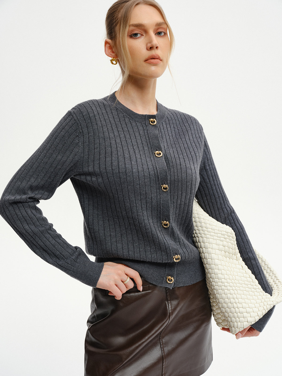 Wool-Blend Ribbed Knit Cardigan