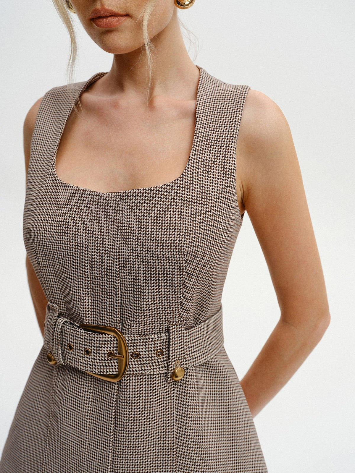 Belted Houndstooth Square-Neck Vest