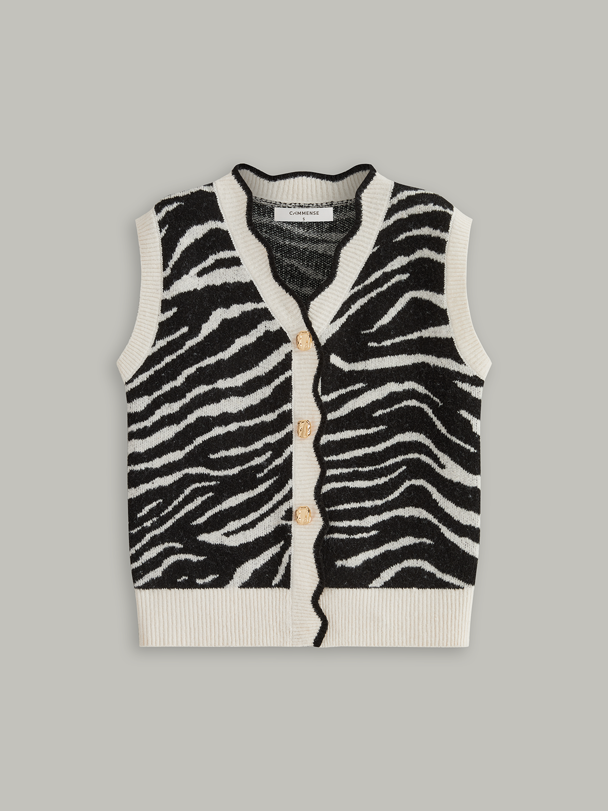 Metal Button Zebra-Striped Knit Vest