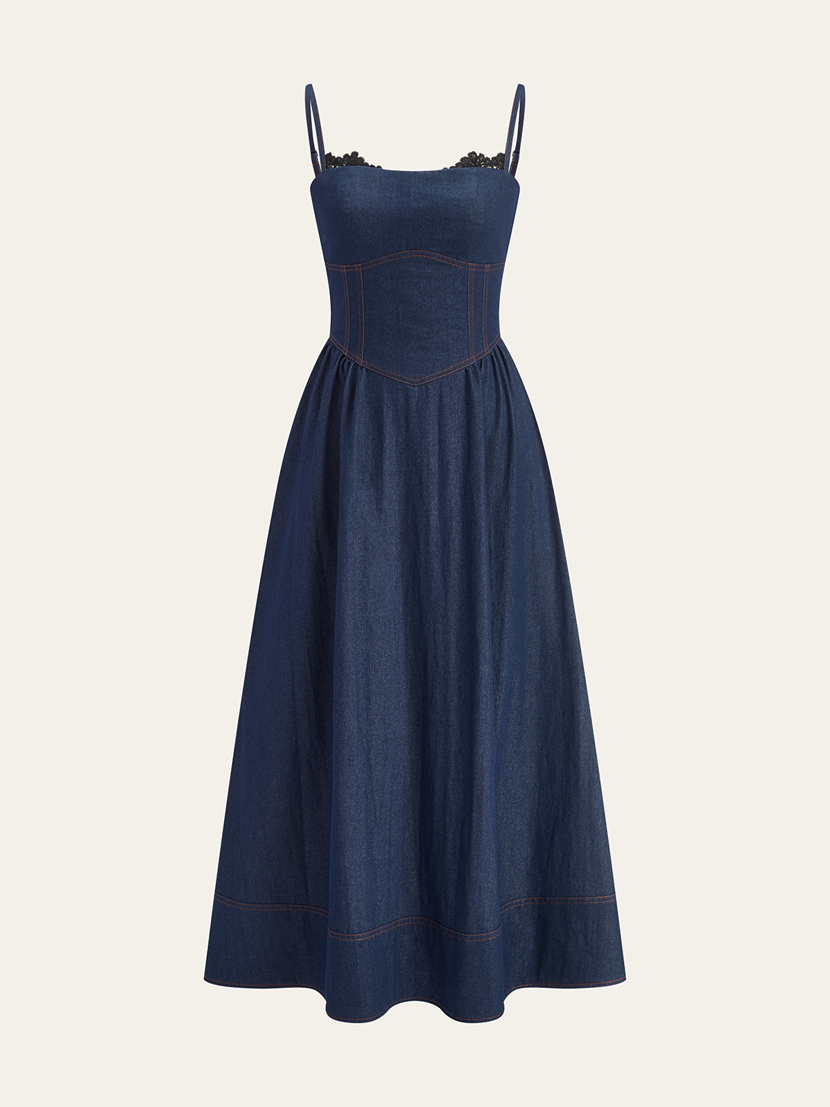 Robe longue en jean avec ourlet en dentelle