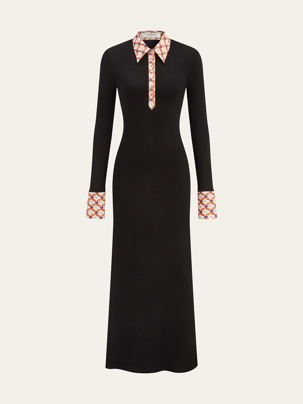 Gemustertes Maxikleid mit Hemdkragen und Zierleiste