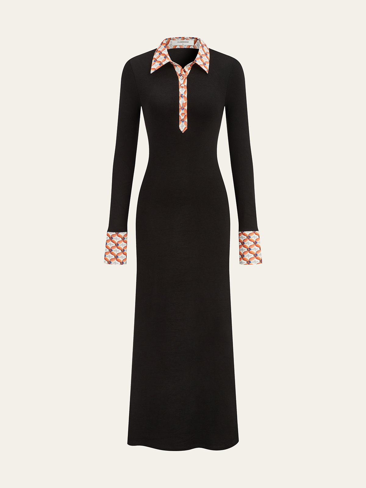 Gemustertes Maxikleid mit Hemdkragen und Zierleiste