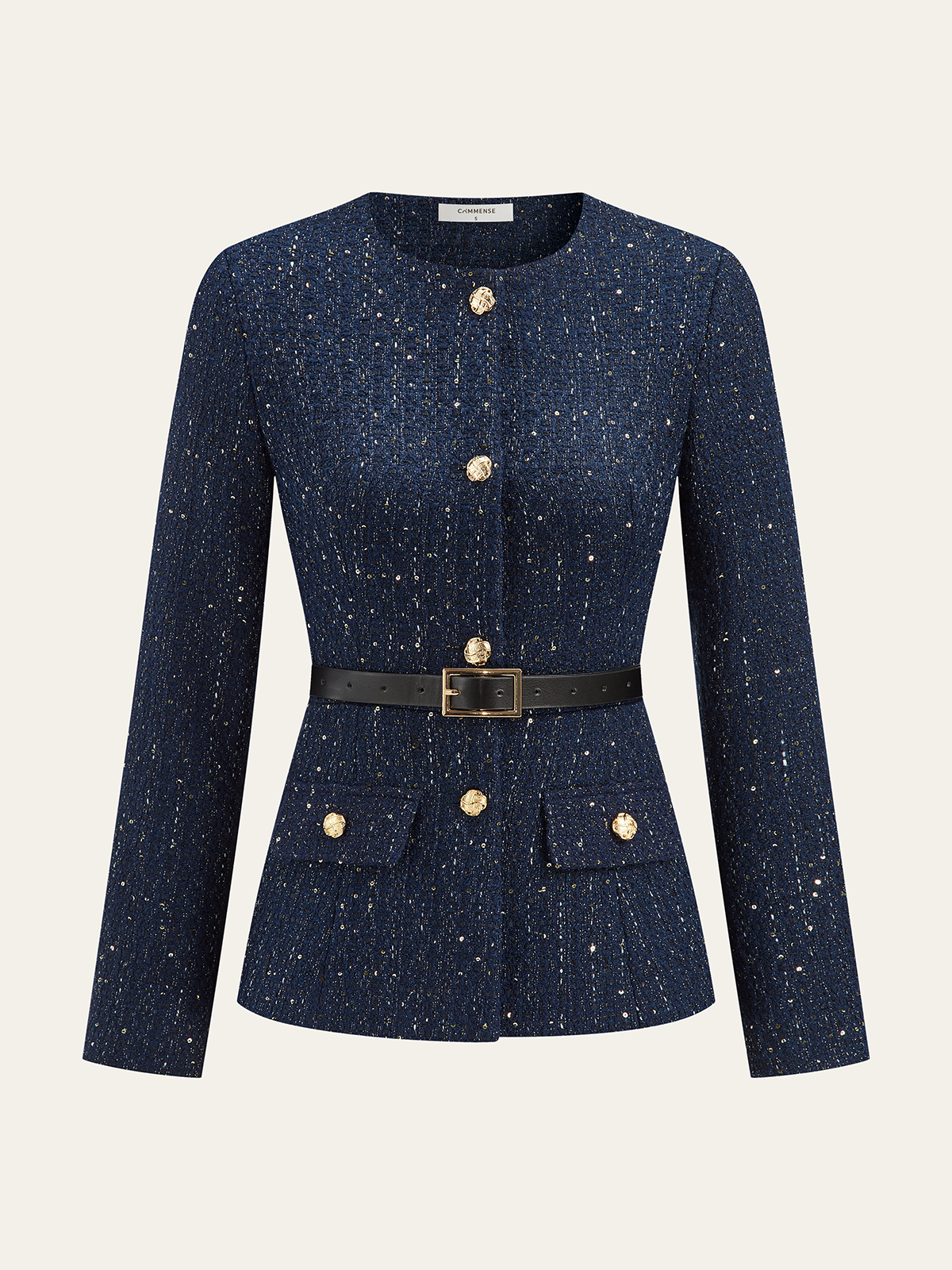 Metal Button Belted Tweed Jacket