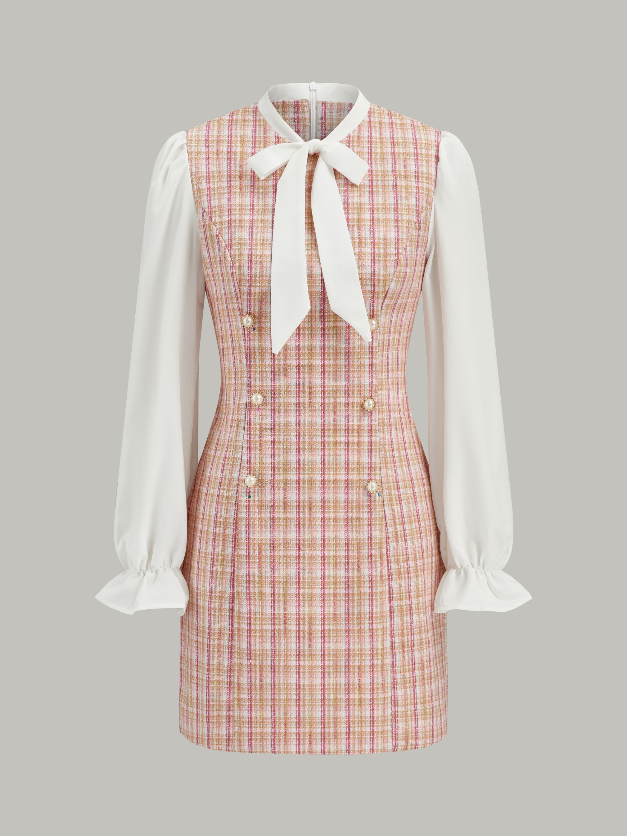 Bow Neckline Tweed Paneled Mini Dress
