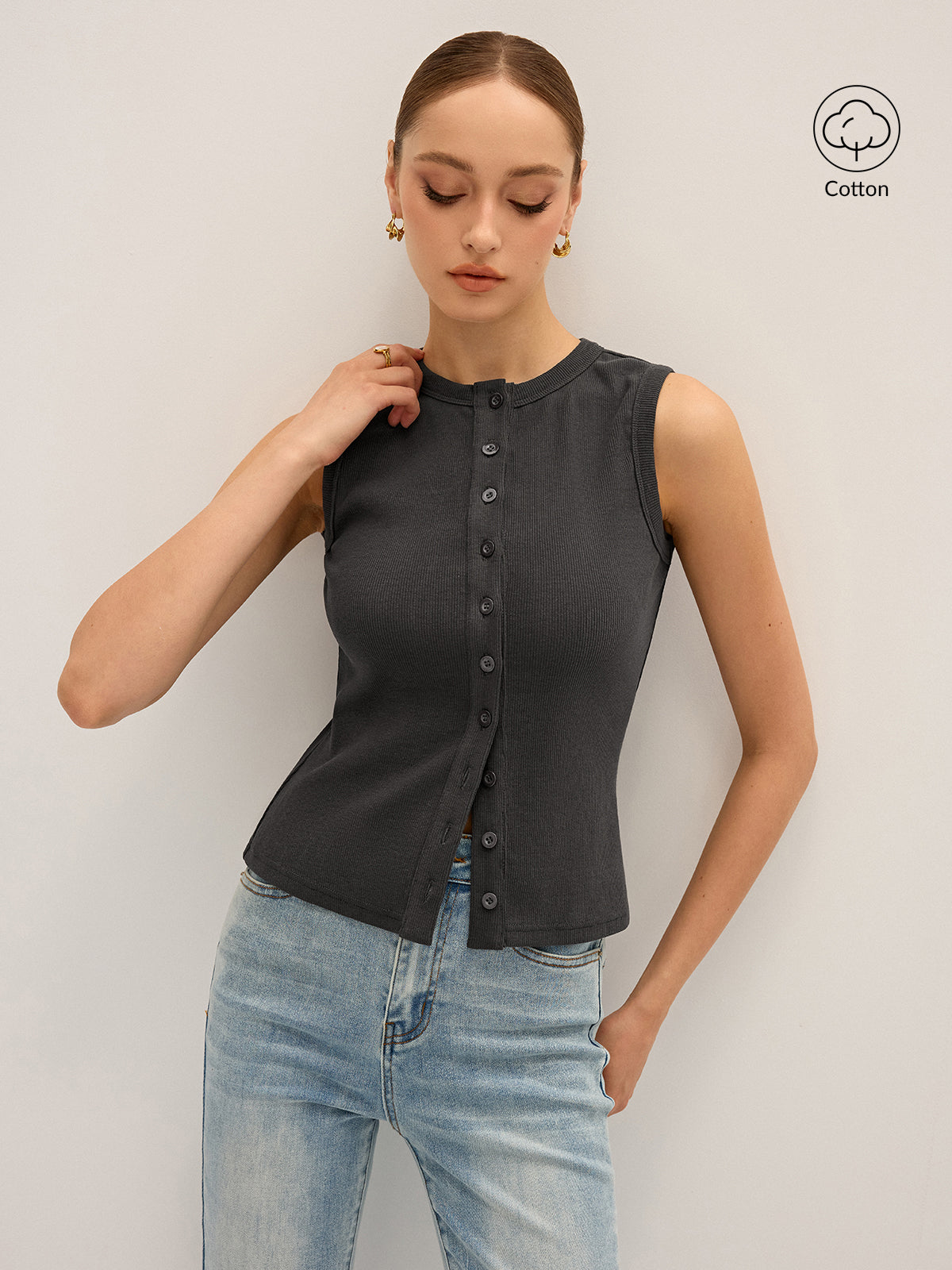 Débardeur côtelé à boutons en mélange de coton