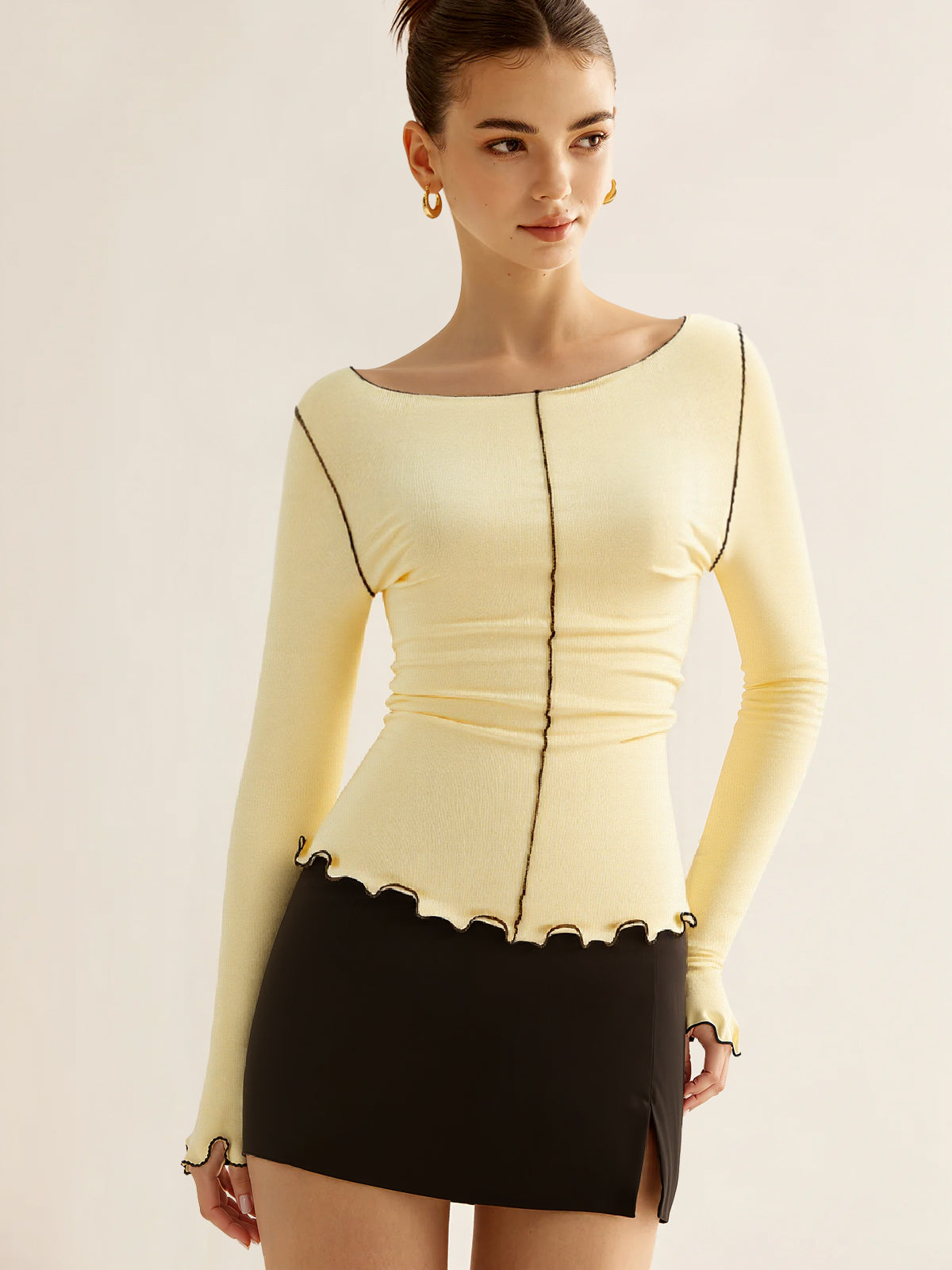 Long Sleeve Contrast Trim Ruffled T-Shirt