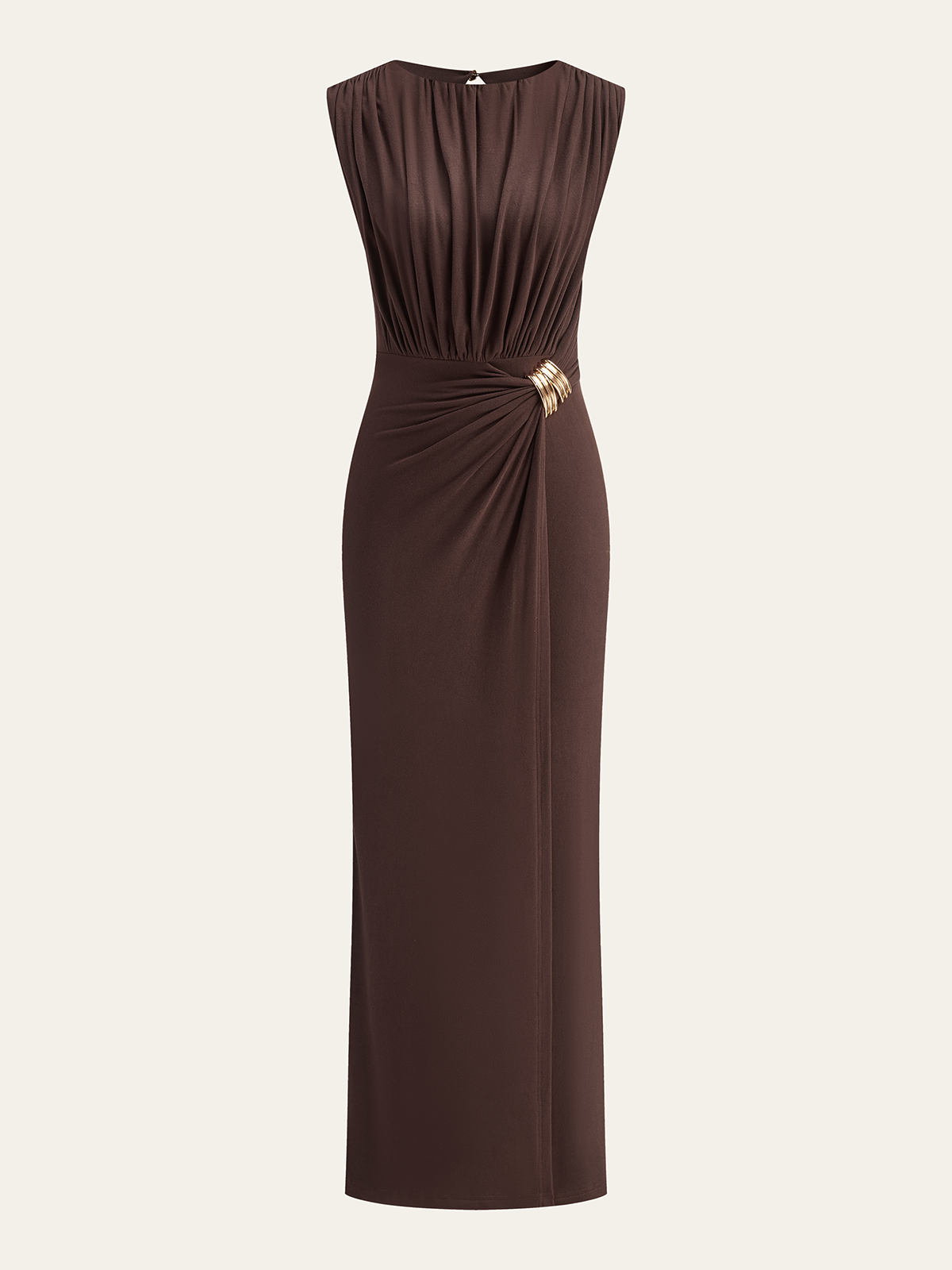 Robe longue froncée sans manches avec boucle en métal