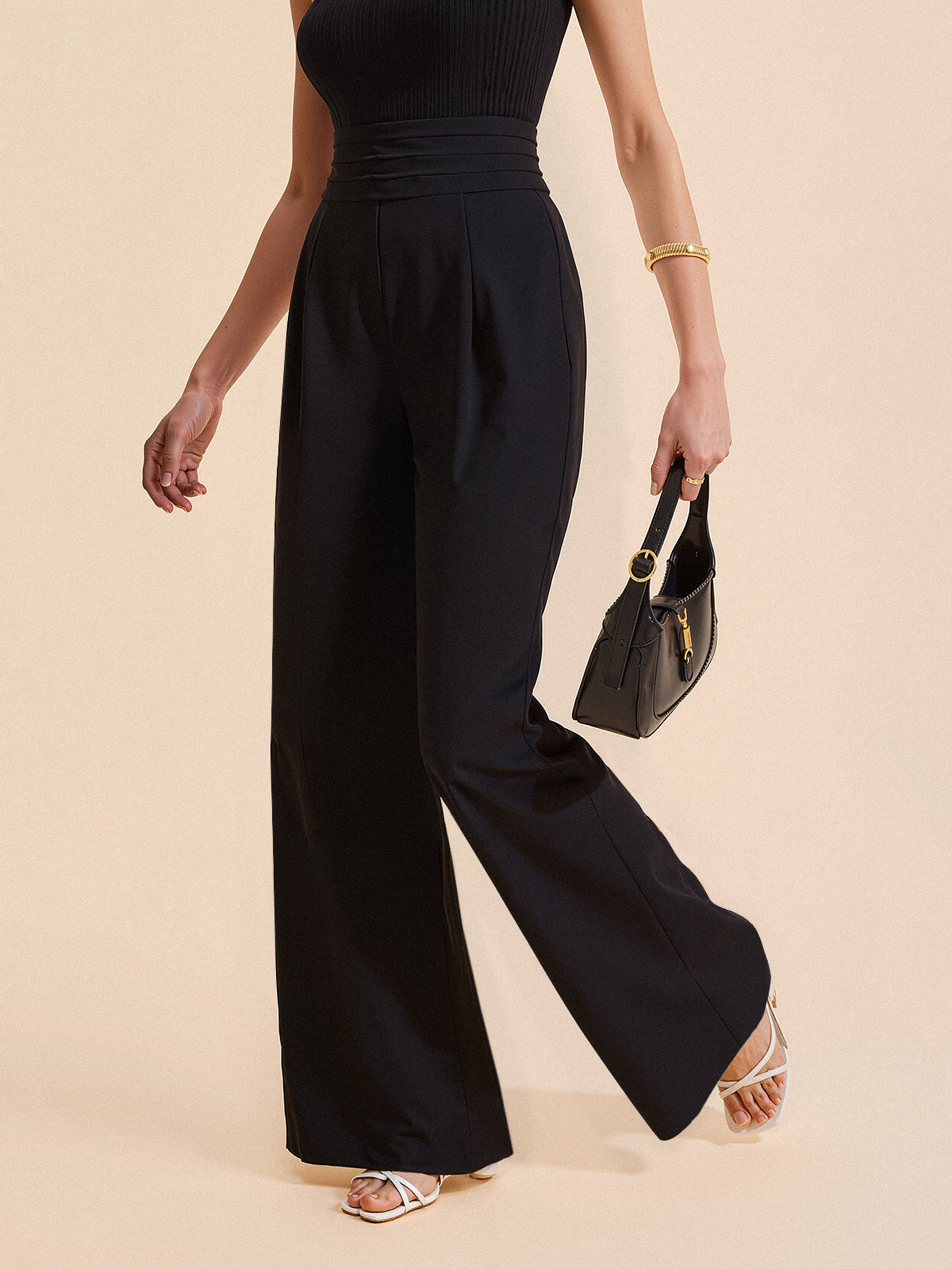 High-Waist Hose mit Faltenbund und weitem Bein