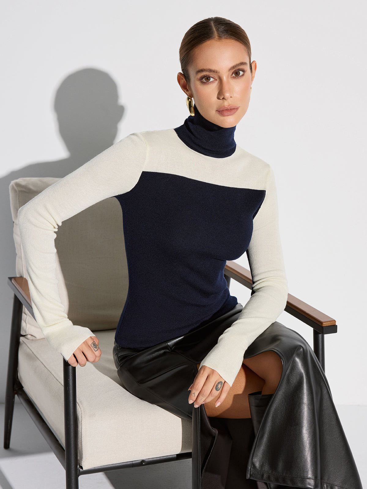 Turtleneck Two-Tone Wool Blend Knit Top