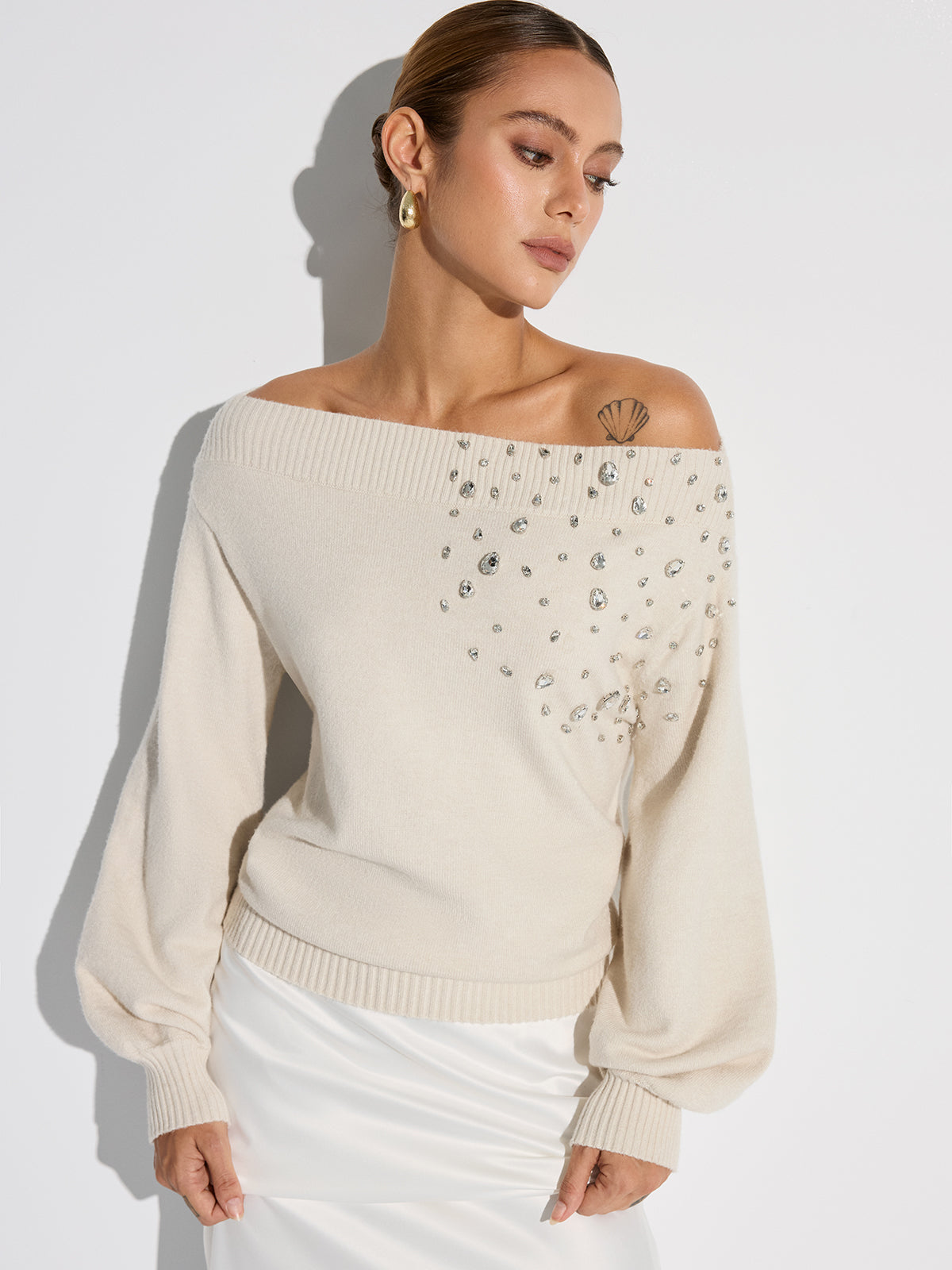 Rhinestone-Embellished Off-Shoulder Sweater