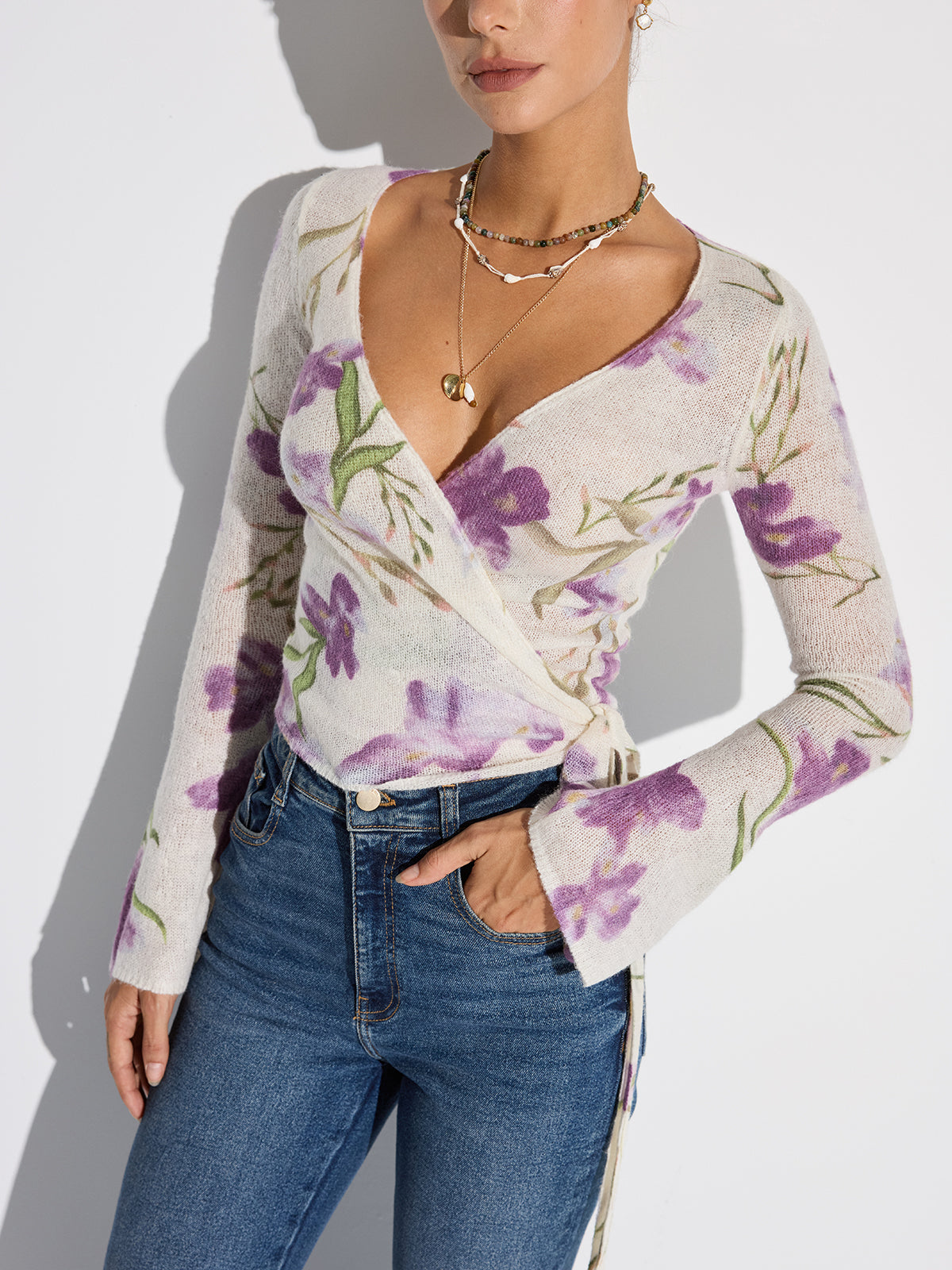 Haut en maille noué à imprimé floral