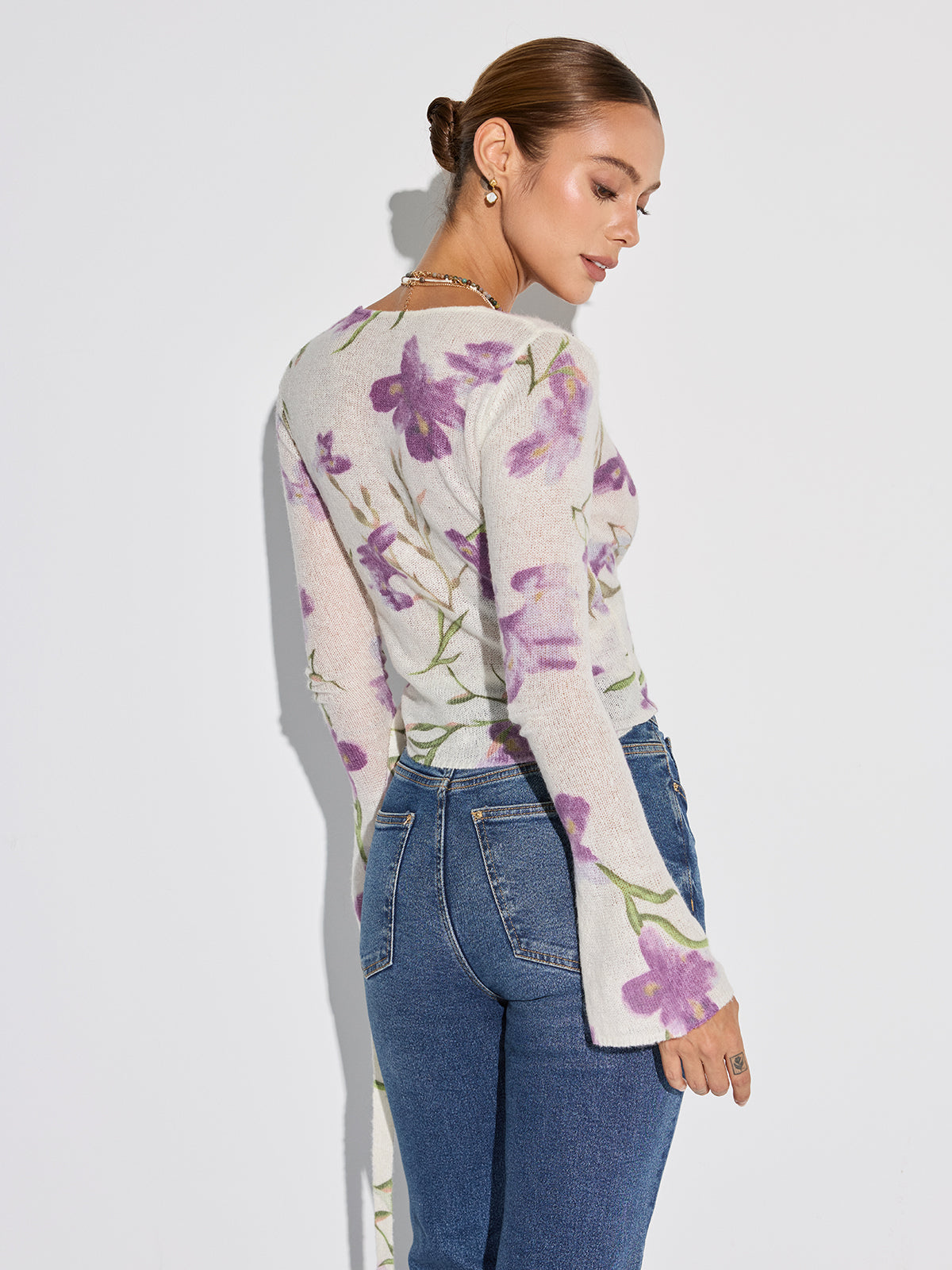 Floral Print Wrap Tie Knit Top