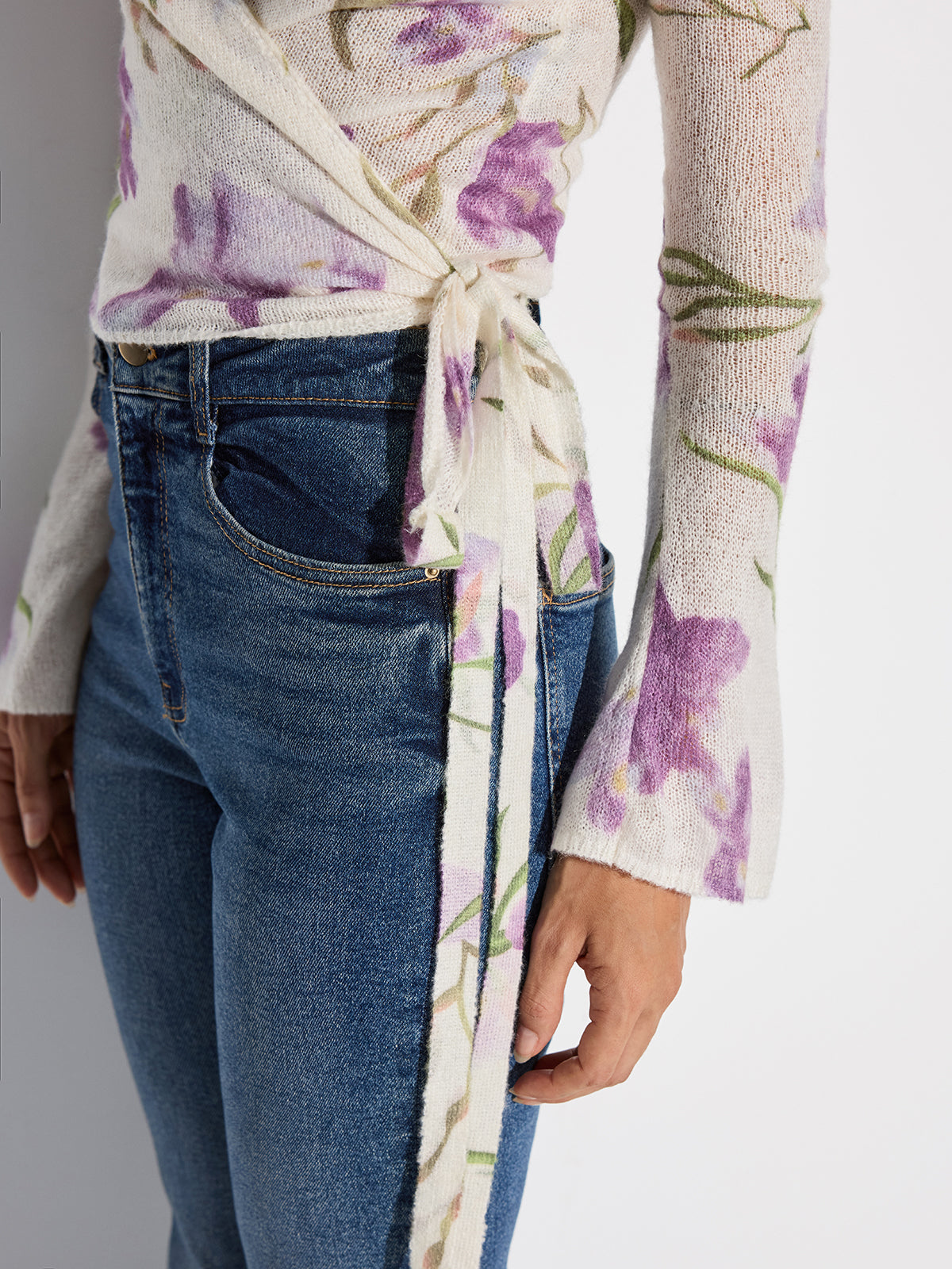 Floral Print Wrap Tie Knit Top