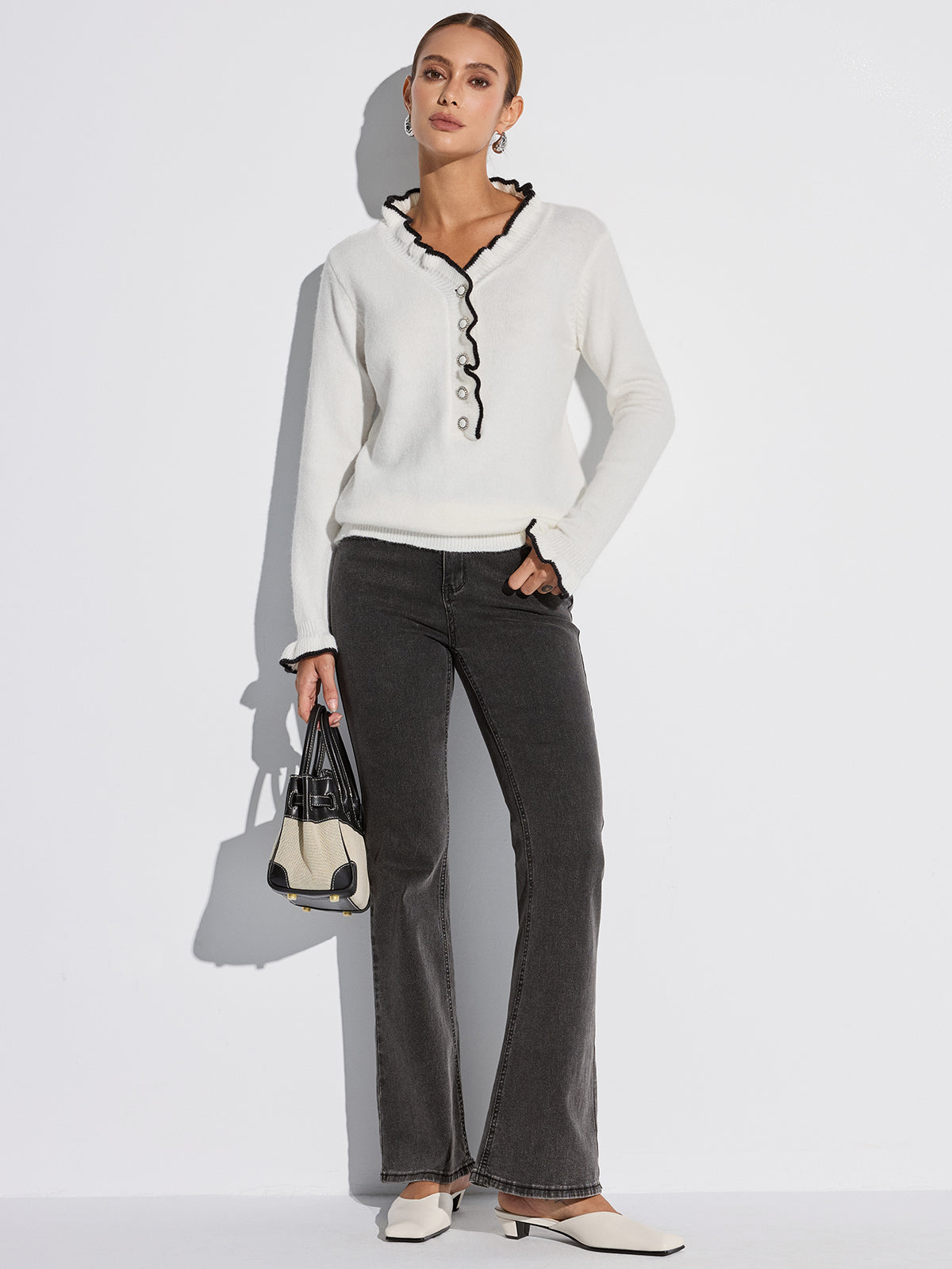 Contrast Ruffle Trim Button Sweater