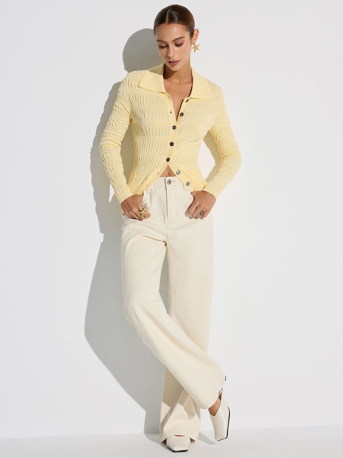 Shirt Collar Textured Knit Button Cardigan