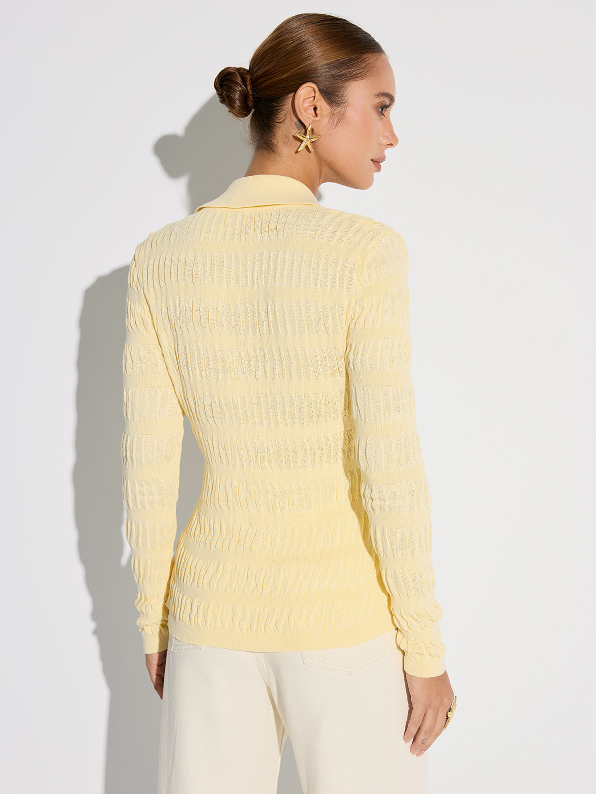 Shirt Collar Textured Knit Button Cardigan