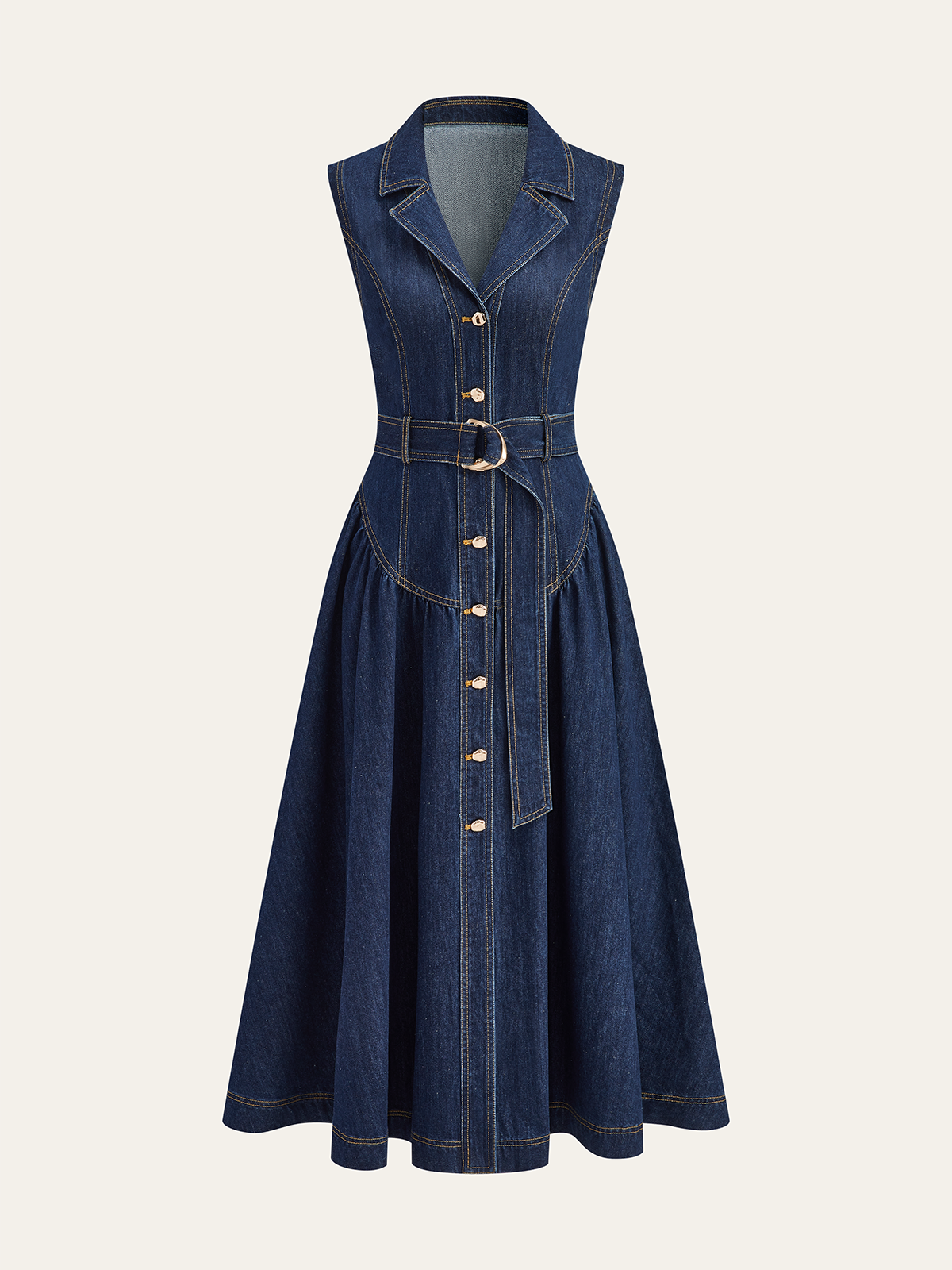 Metal Detail Denim Button-Front Belted Dress