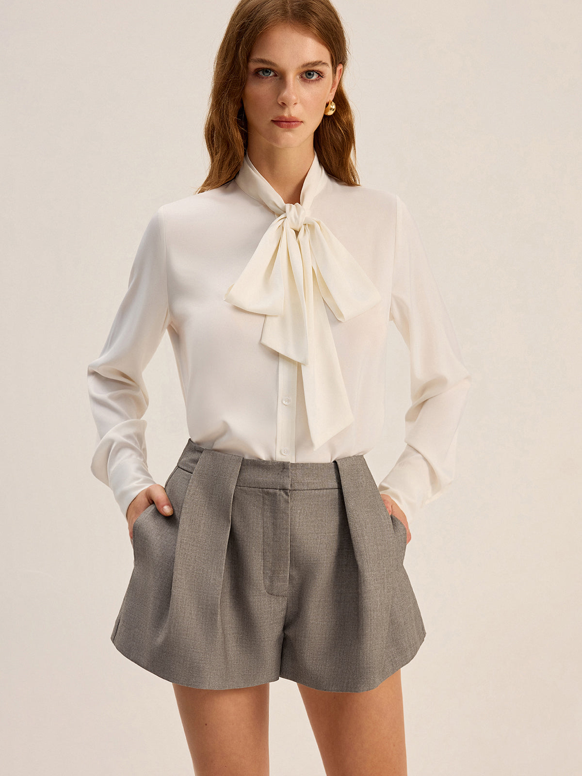 Cotton Blend Pleated Shorts