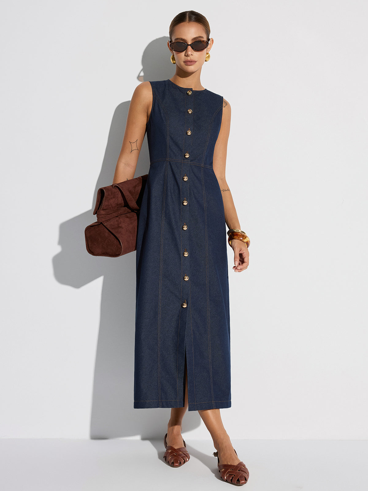 Ärmelloses Jeans-Maxikleid mit Knopfleiste