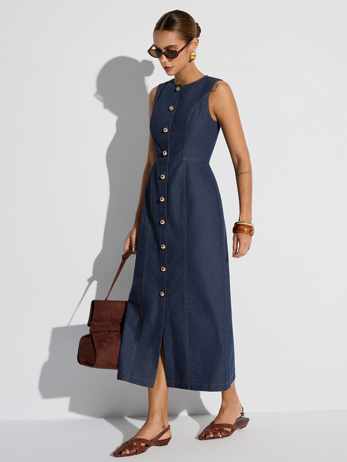 Ärmelloses Jeans-Maxikleid mit Knopfleiste