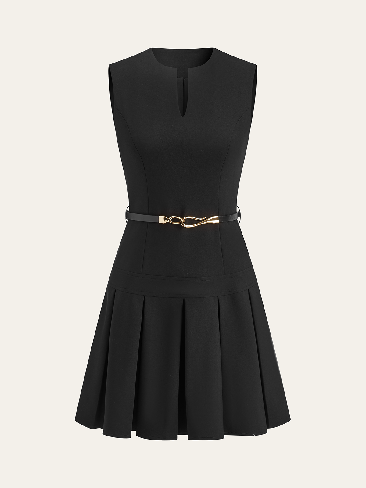 Robe mini plissée sans manches à encolure en V et ceinture