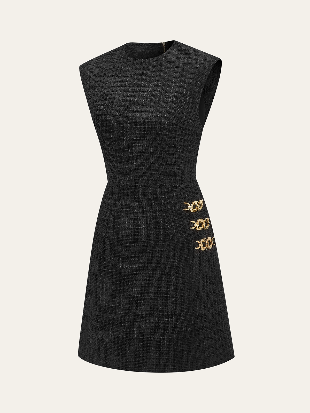 Ärmelloses Mini-Tweedkleid mit Kettendetail