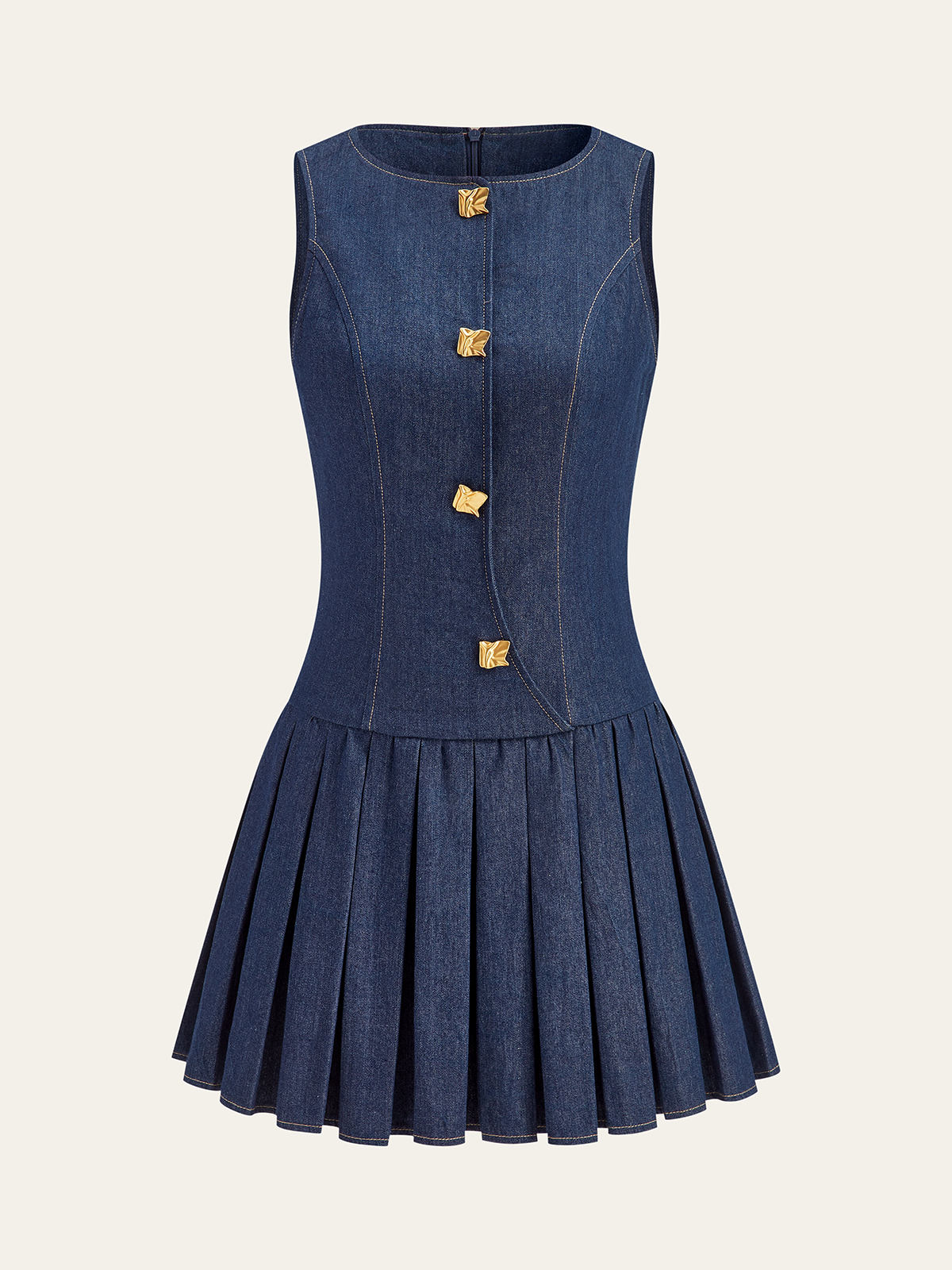 Ärmelloses Jeanskleid mit Falten und Metalldetails
