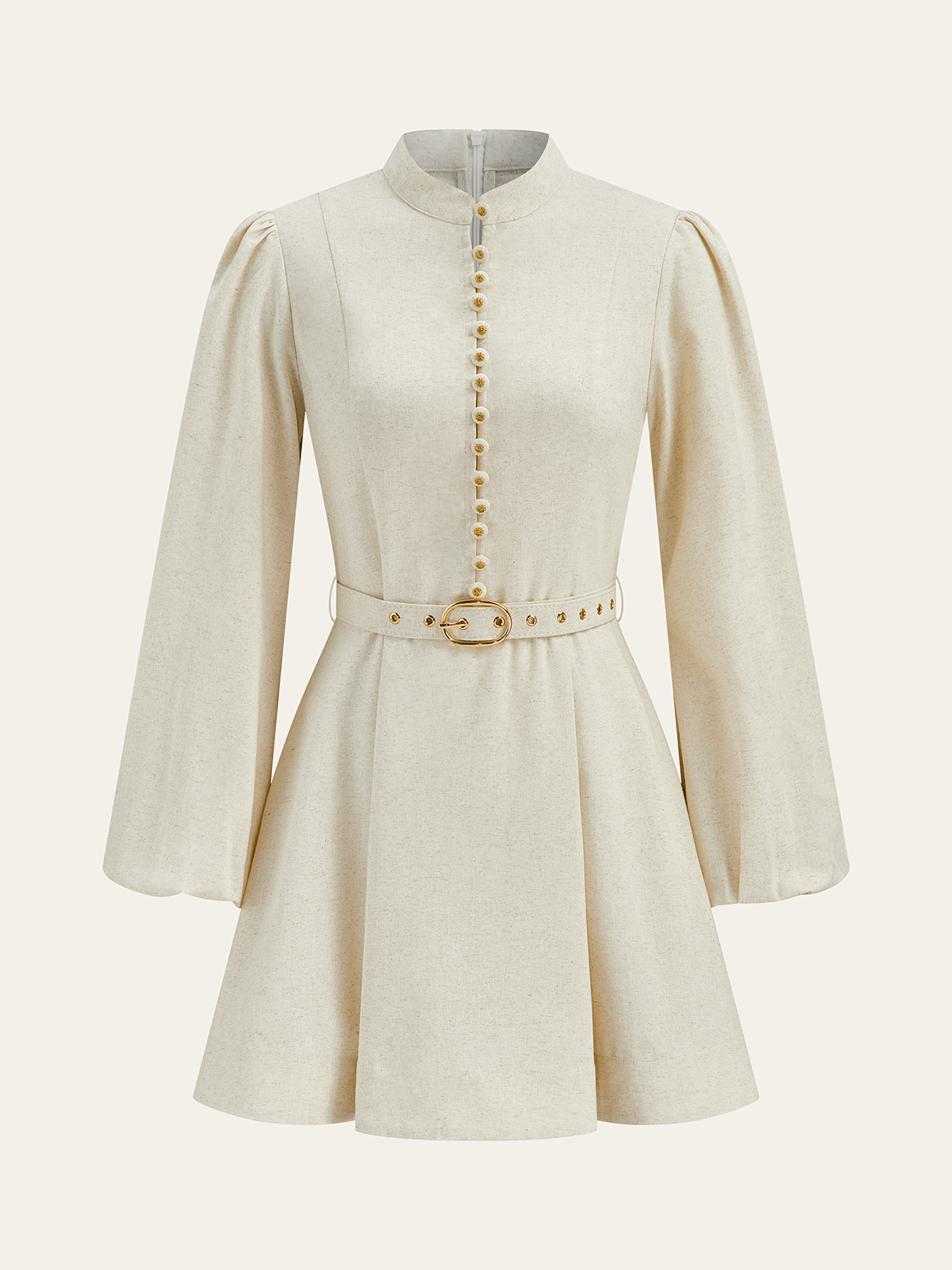 Mini-robe boutonnée ceinturée en coton et lin