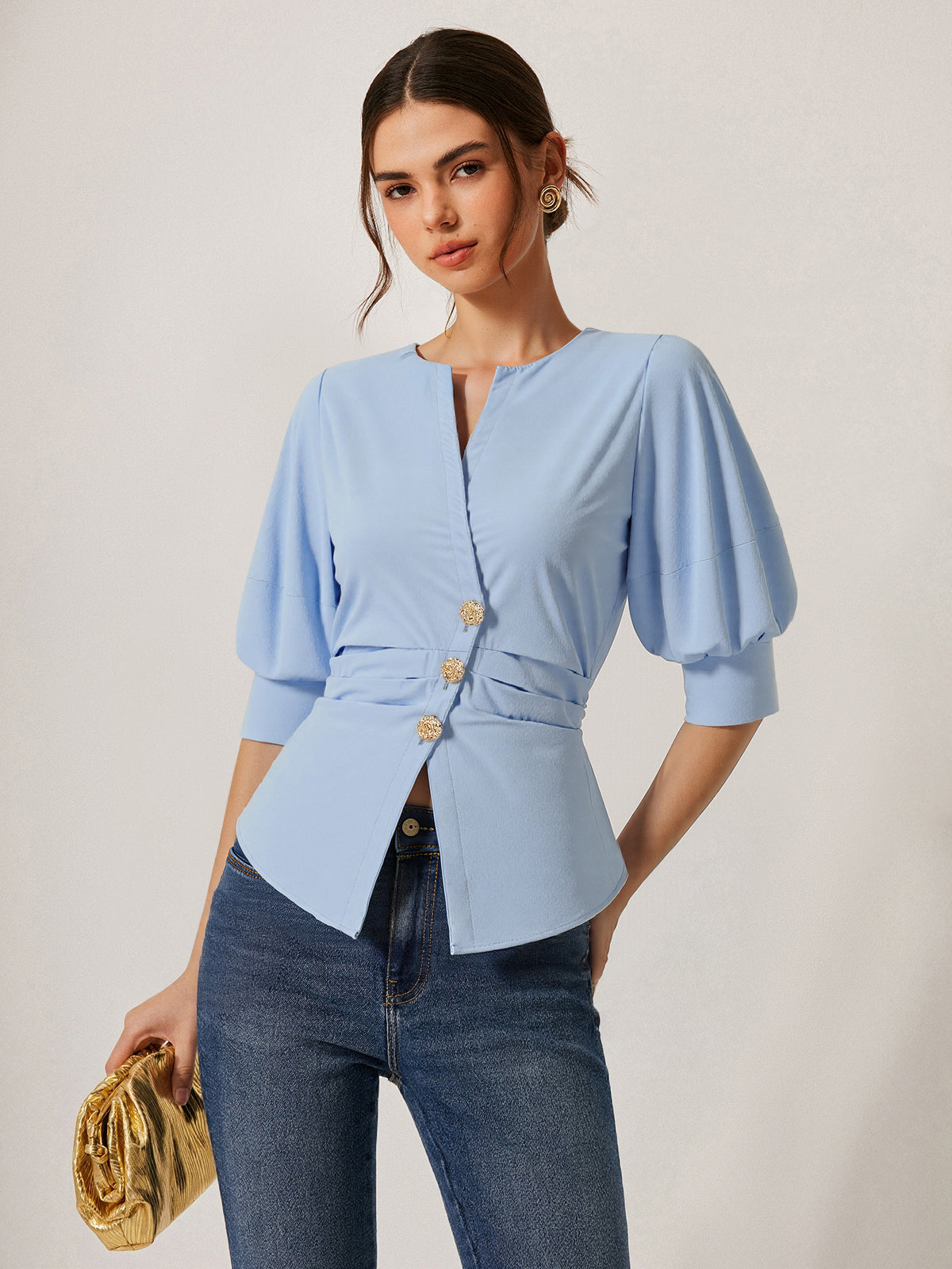 Asymmetric Metal Button Puff-Sleeve Shirt