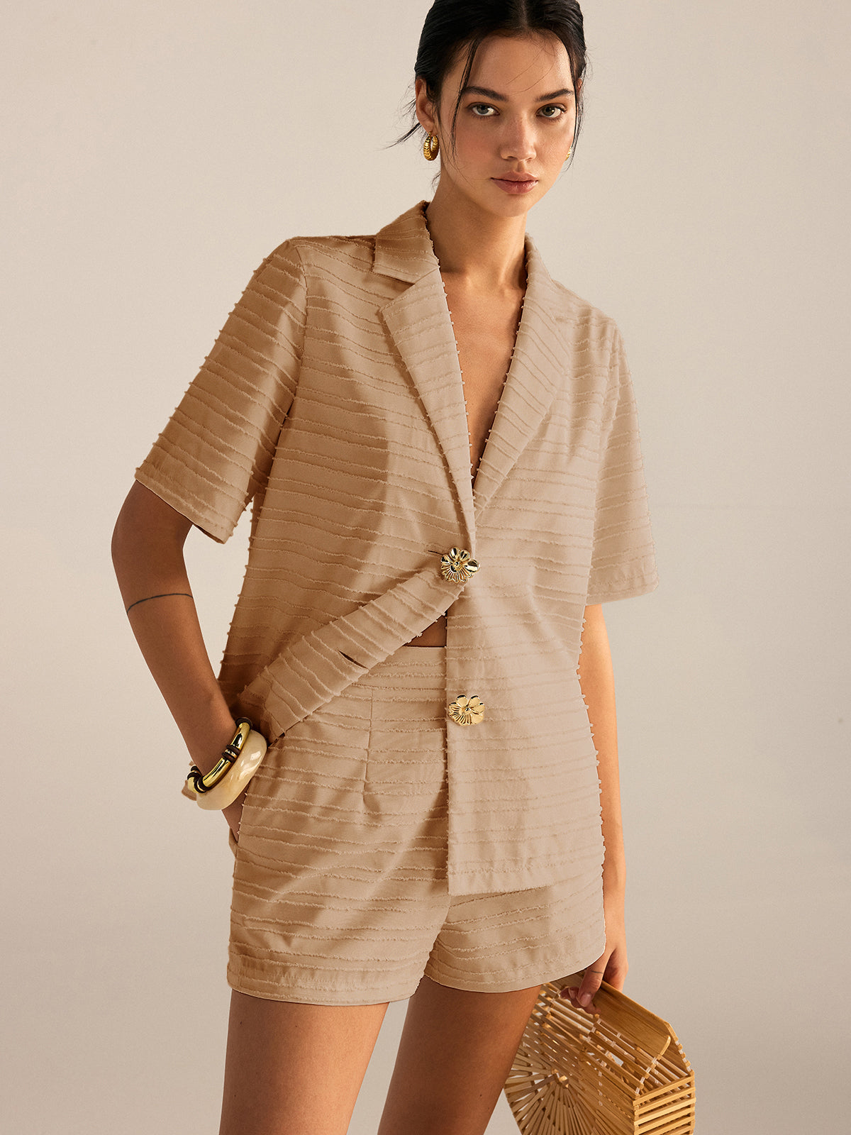 Ensemble blazer texturé à manches courtes et short