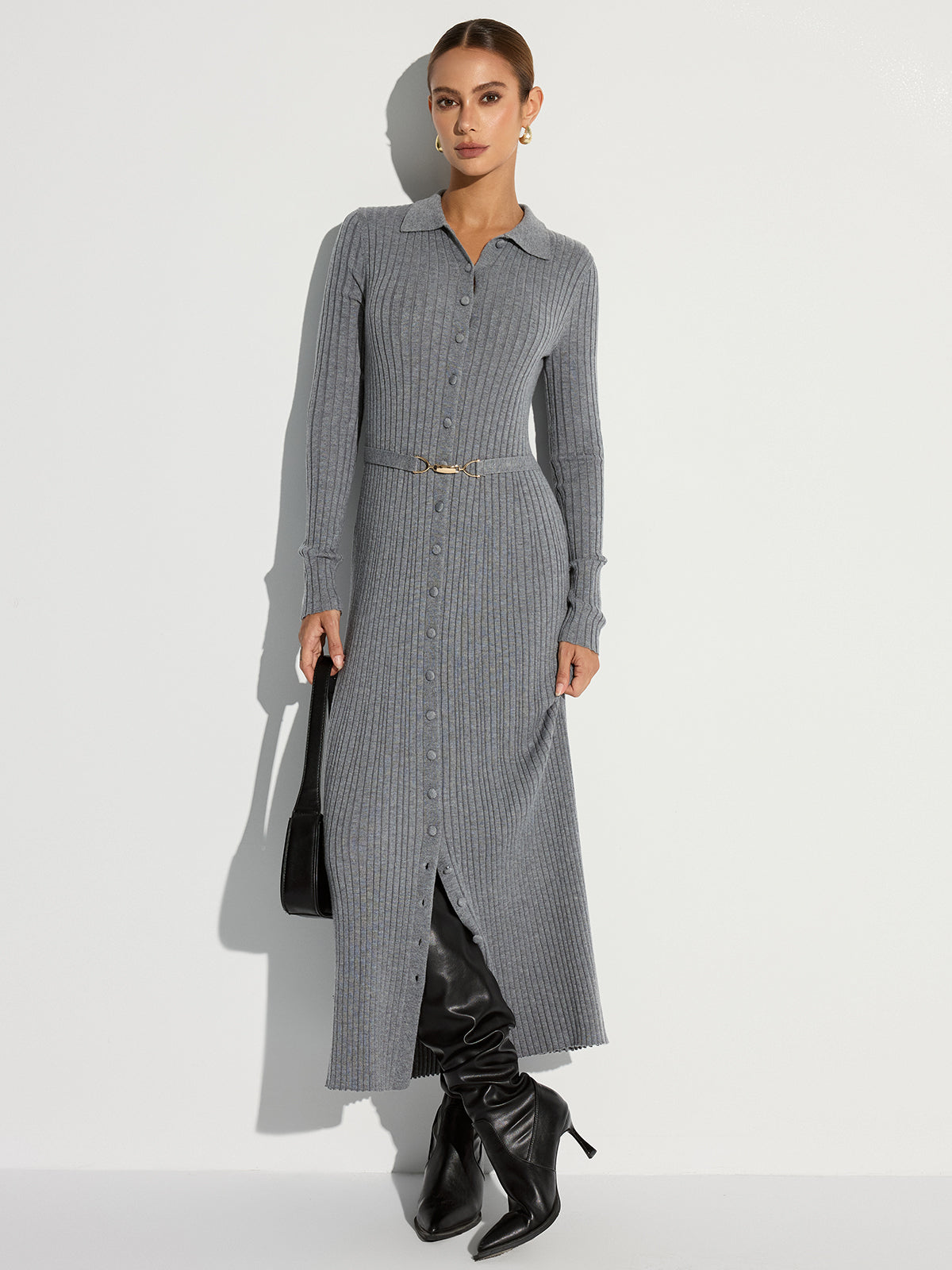Geripptes Polo-Maxikleid mit Gürtel