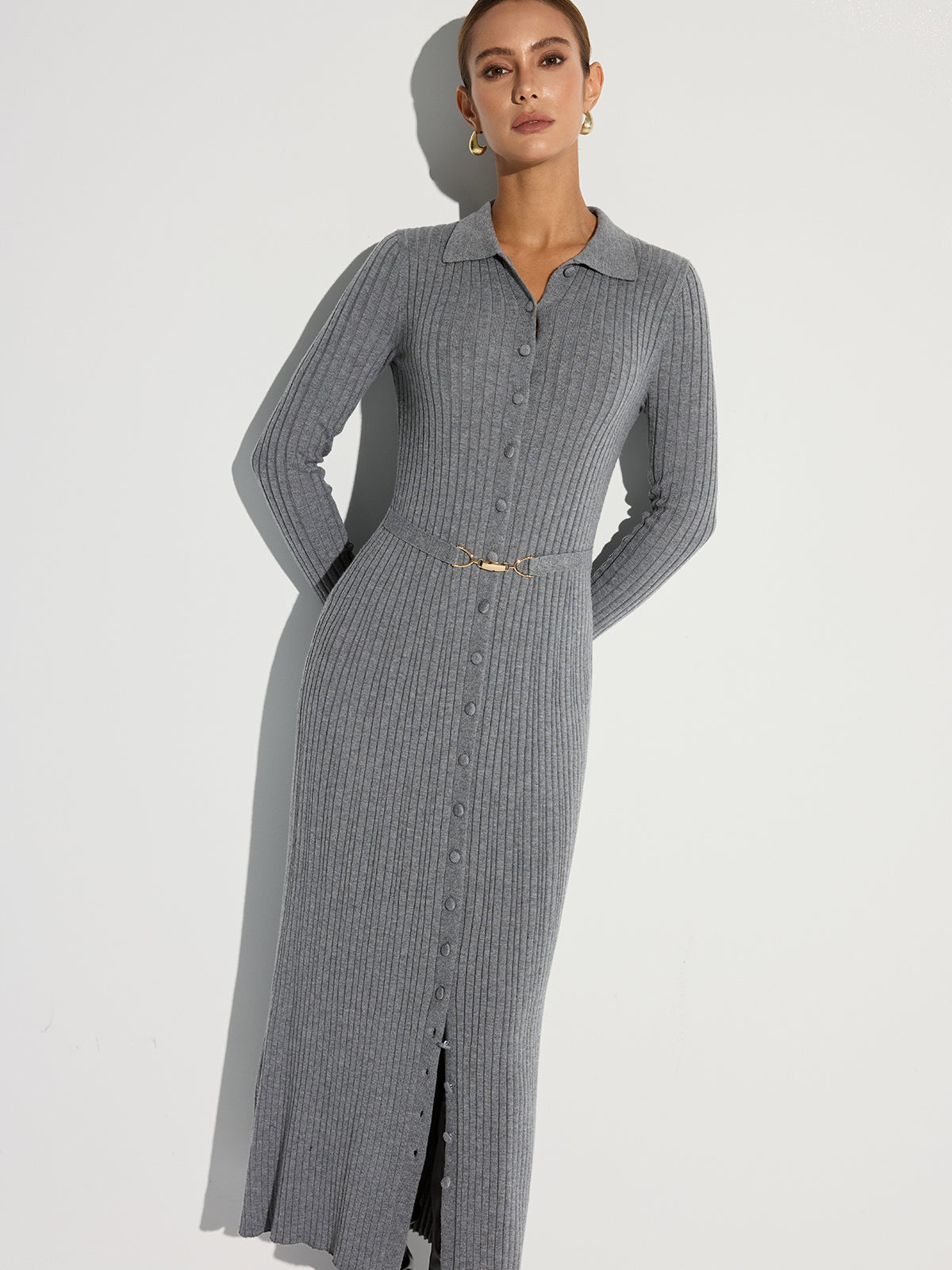 Geripptes Polo-Maxikleid mit Gürtel