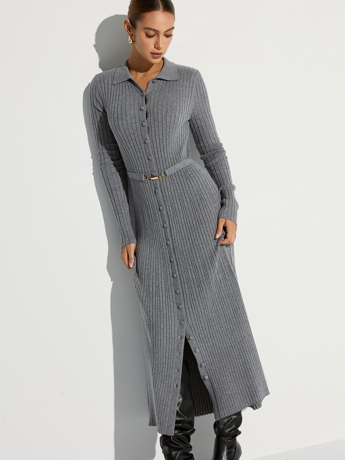 Geripptes Polo-Maxikleid mit Gürtel