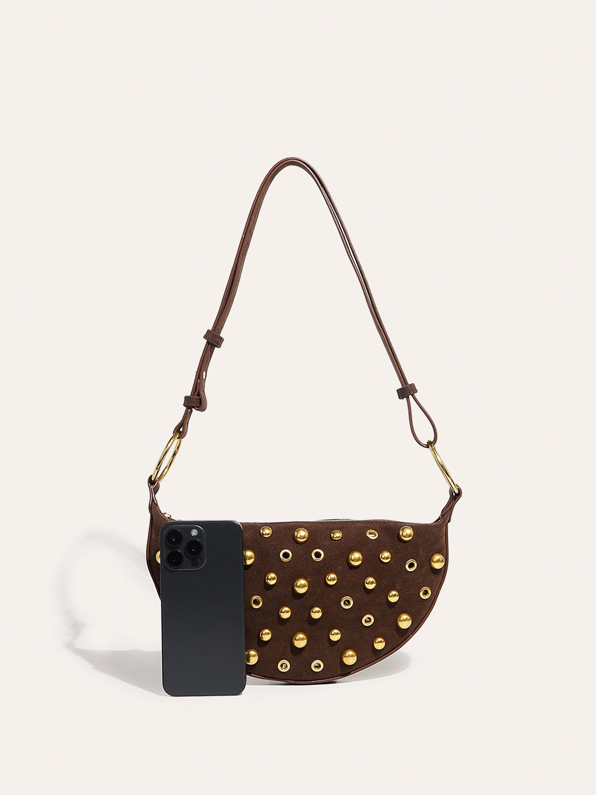 Suede Effect Studded Half-Moon Shoulder Bag